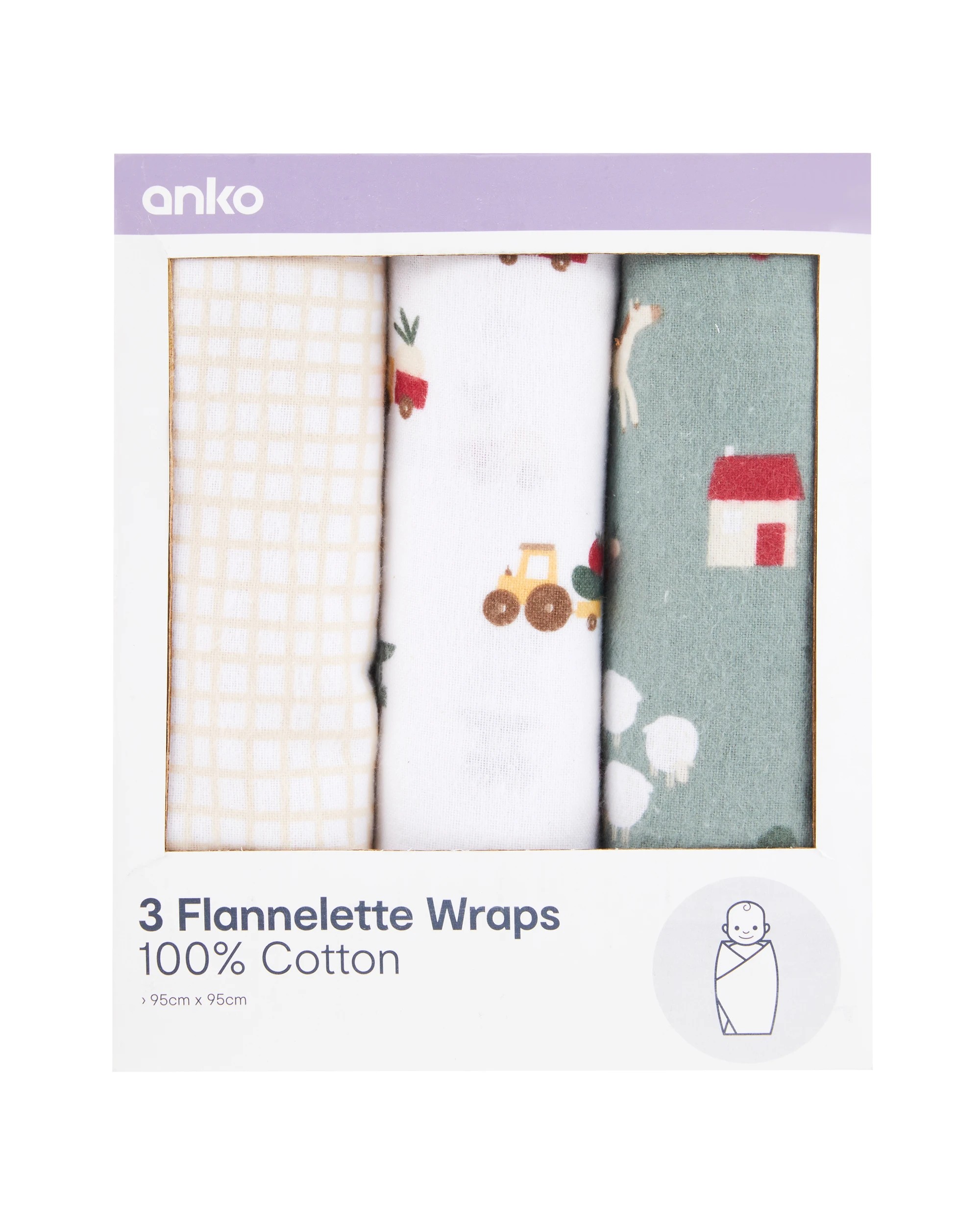 1 3 Pack Cotton Flannelette Wraps - Farm, 1 of 7