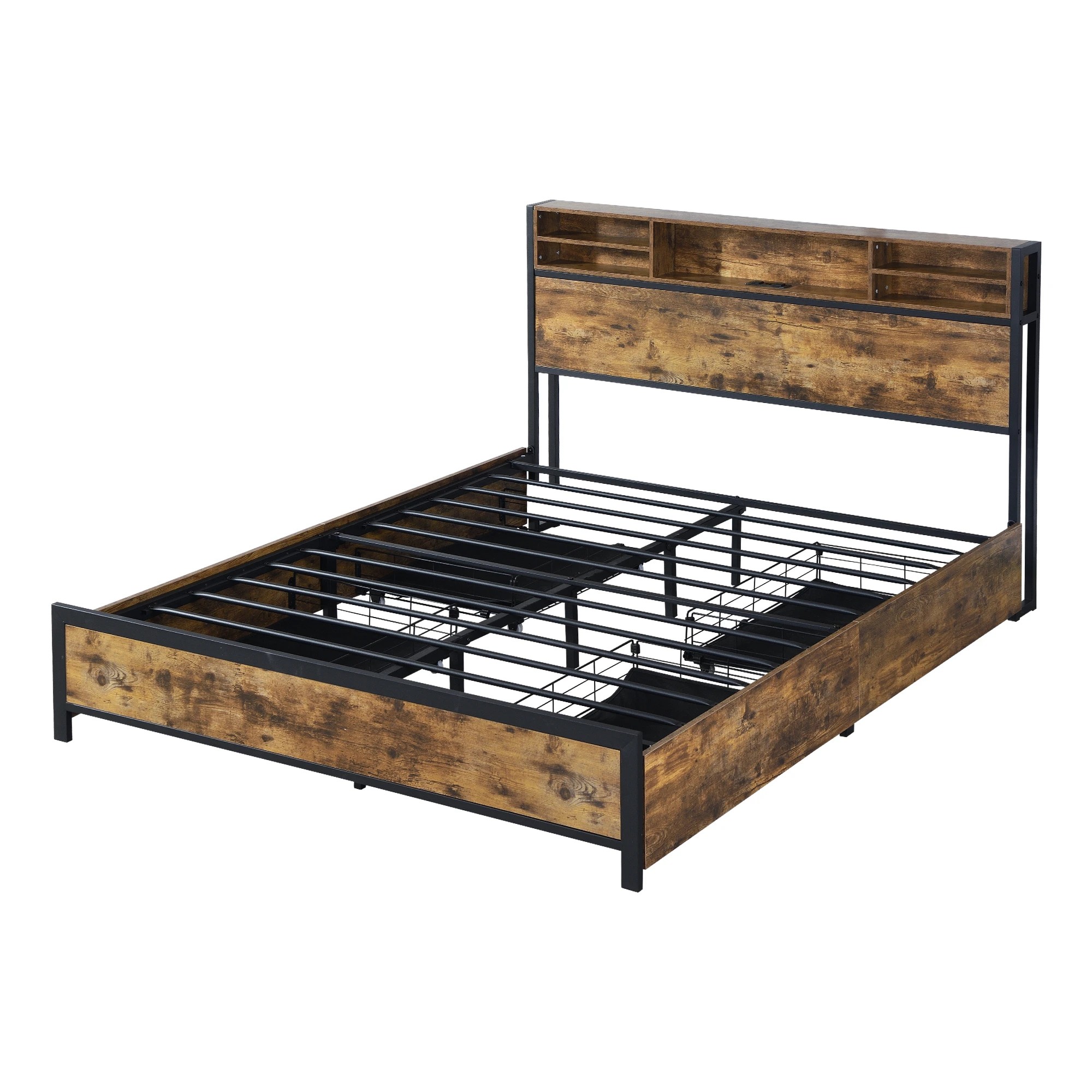 2 Levede Q Size Bed Frame Industrial with LED and Charging Station, 2 of 9
