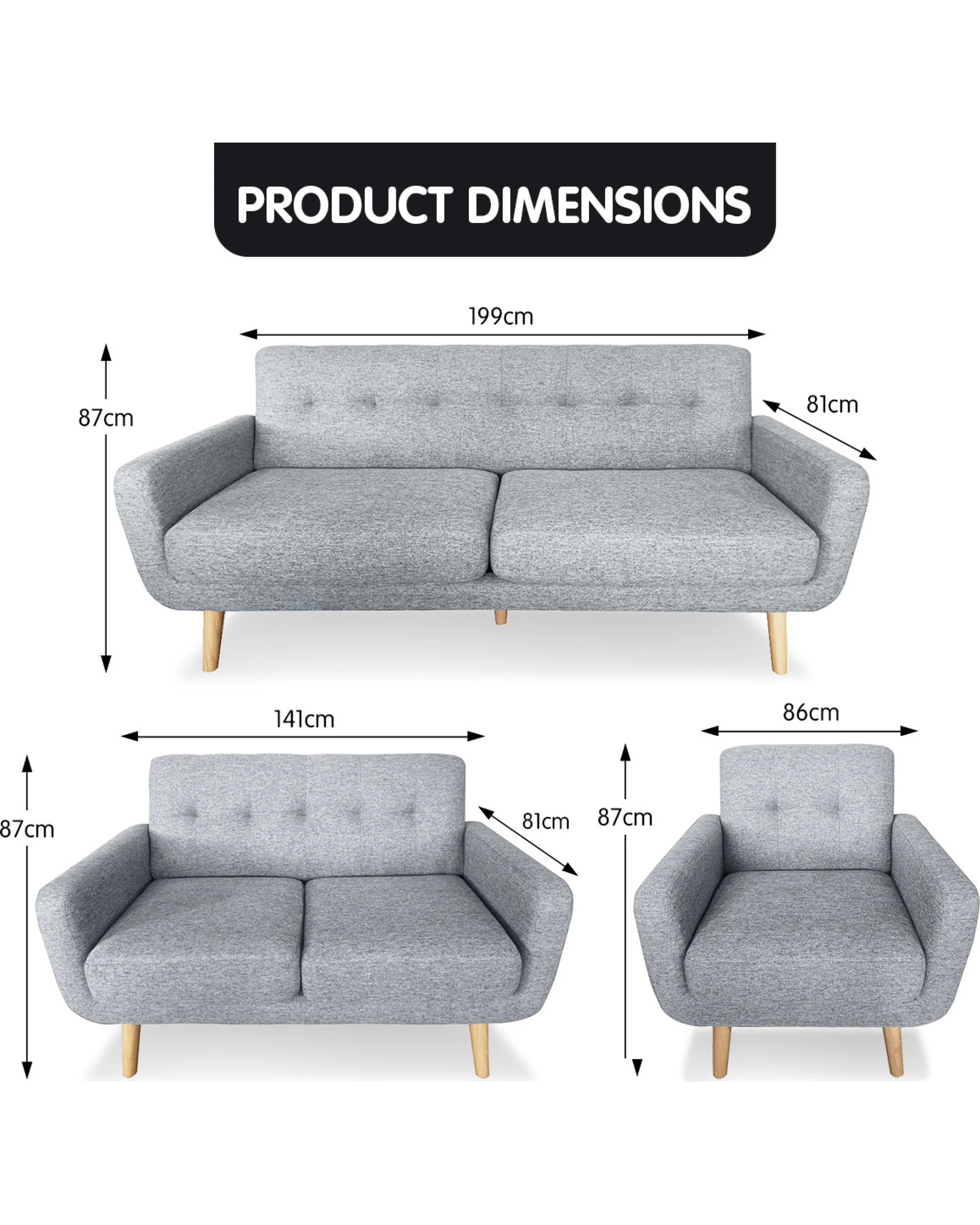 9 Sarantino 6-seater Linen Sofa Set Couch Futon - Light Grey, 9 of 9
