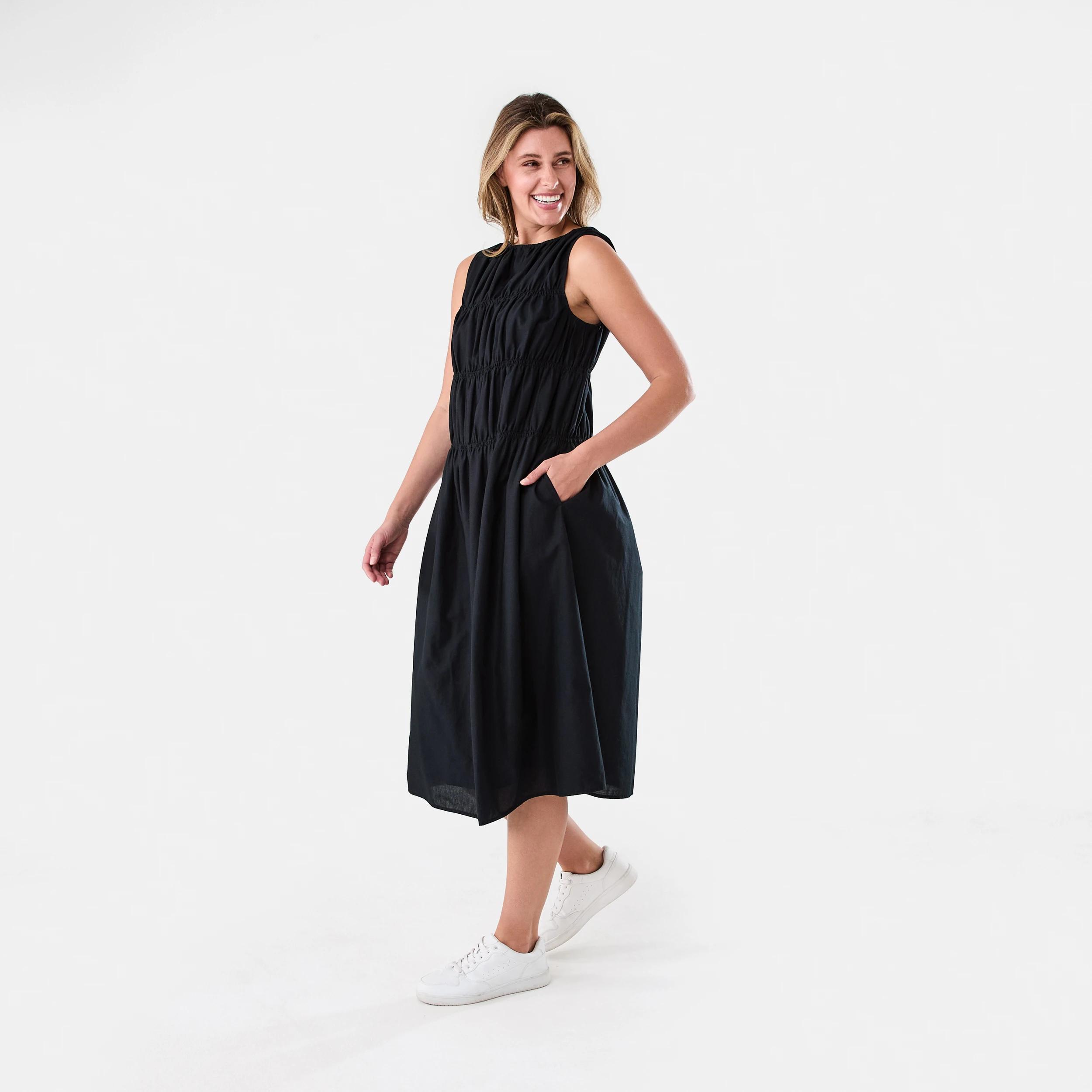 2 Sleeveless Cotton Shirred Midi Dress Black, 2 of 6