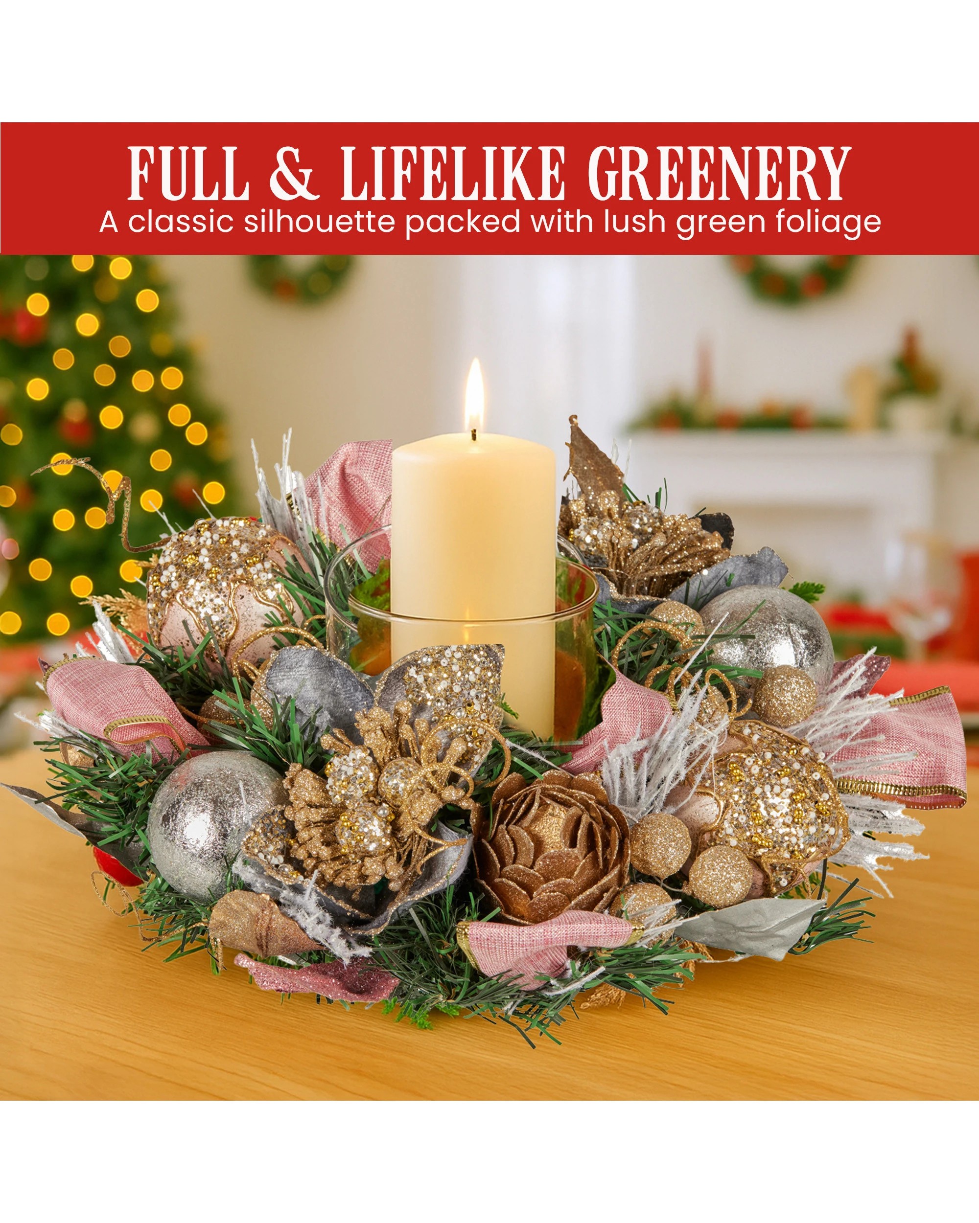 4 Christabelle 26cm Christmas Centrepiece Lush Green Holiday Jewelled Baubles Foliage Flowers Pine Cones Ribbon, 4 of 9
