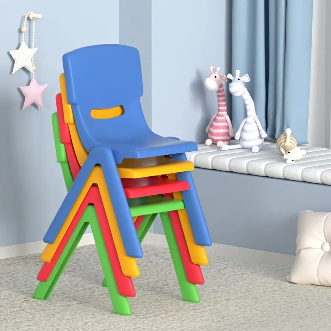 5 Keezi 5PCS Kids Table and Chairs Set Children Study Desk Furniture Plastic 4 Chairs - Blue, 5 of 5