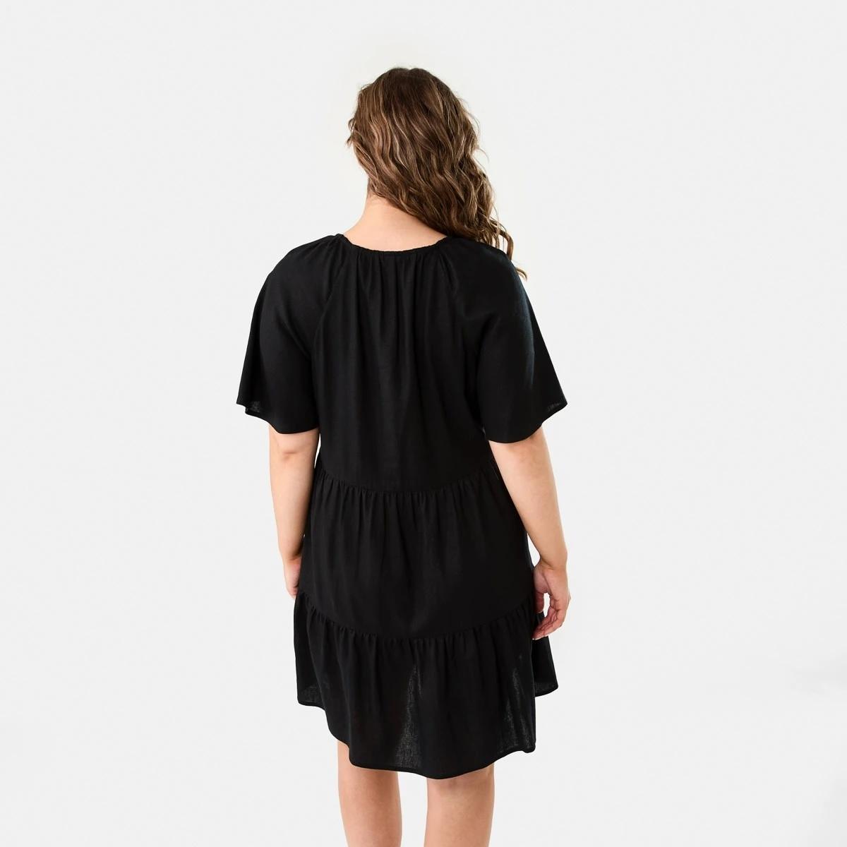 4 Short Sleeve Linen Blend Tiered Mini Dress BLACK, 4 of 9