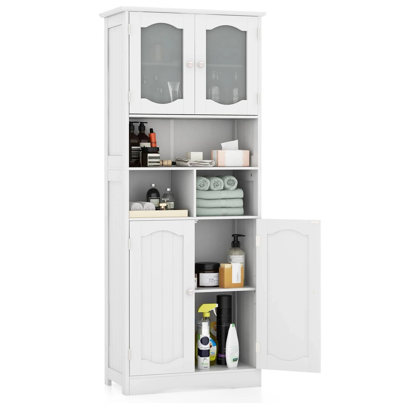 4 Costway 150cm Tall Bathroom Cabinet Freestanding Storage Cabinet w/Tempered Glass Doors, 4 of 4