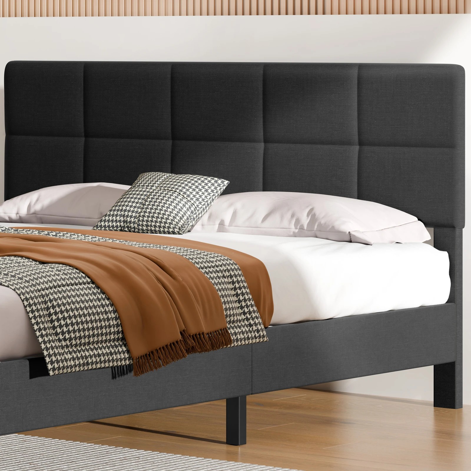 3 Alfordson Bed Frame King Size Wooden Slats Platform Fabric Paula - Charcoal, 3 of 9