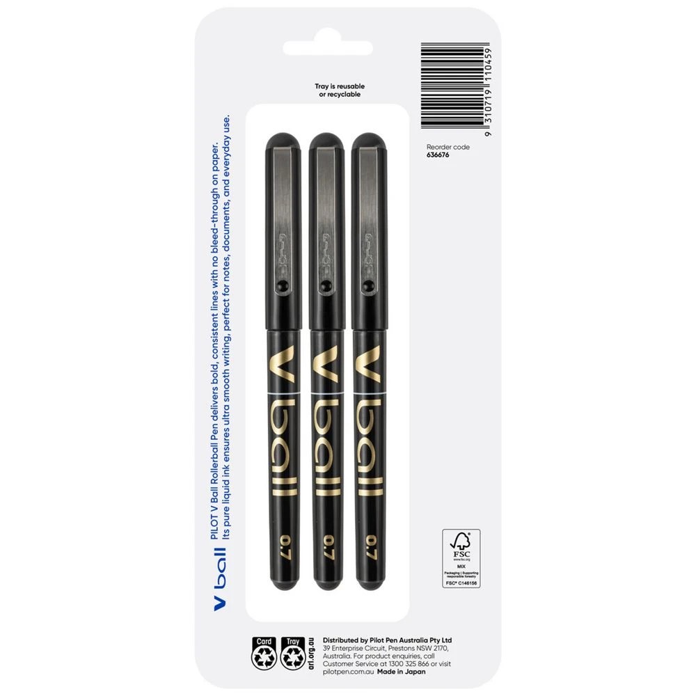 2 PILOT V Rollerball Pen 0.7mm Black 3 Pack, 2 of 6