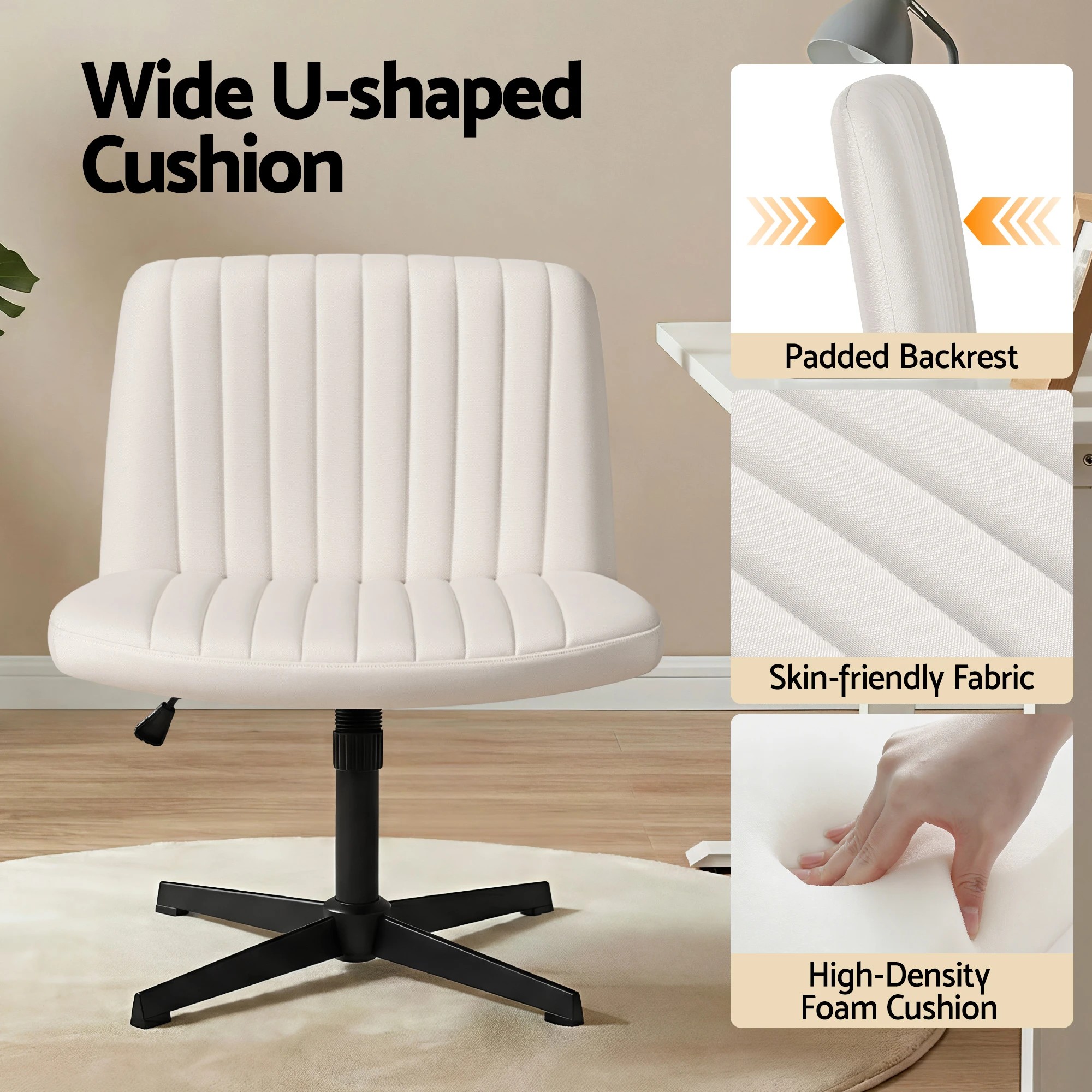 2 Artiss Criss Cross Chair No Wheels Fabric Wide Cross Legged Office Desk Vanity - Beige, 2 of 7