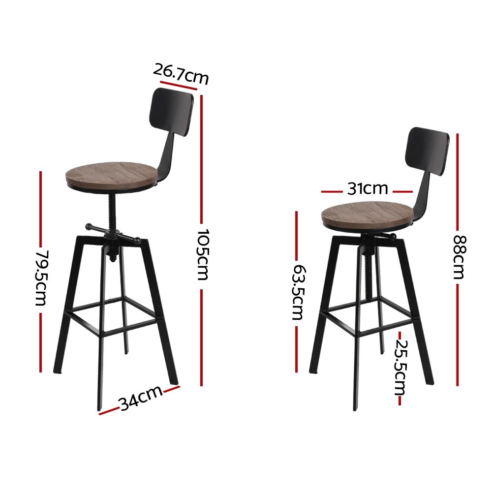 2 Artiss 2x Bar Stools Adjustable Wood Stool w/Backrest - Black, 2 of 6