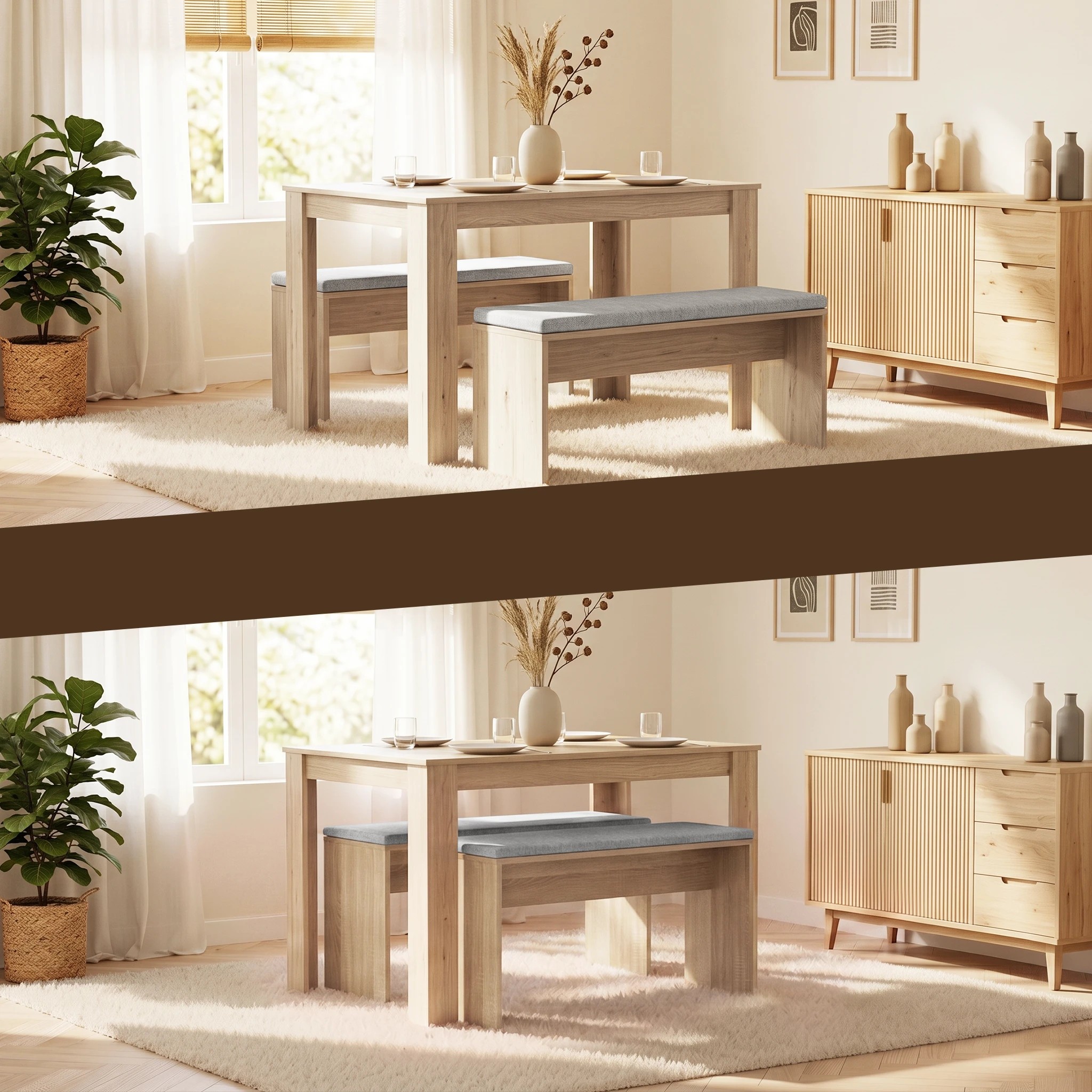 6 Artiss Dining Table and Chairs Set of 3 Bench Kitchen Furniture - Natural, 6 of 10