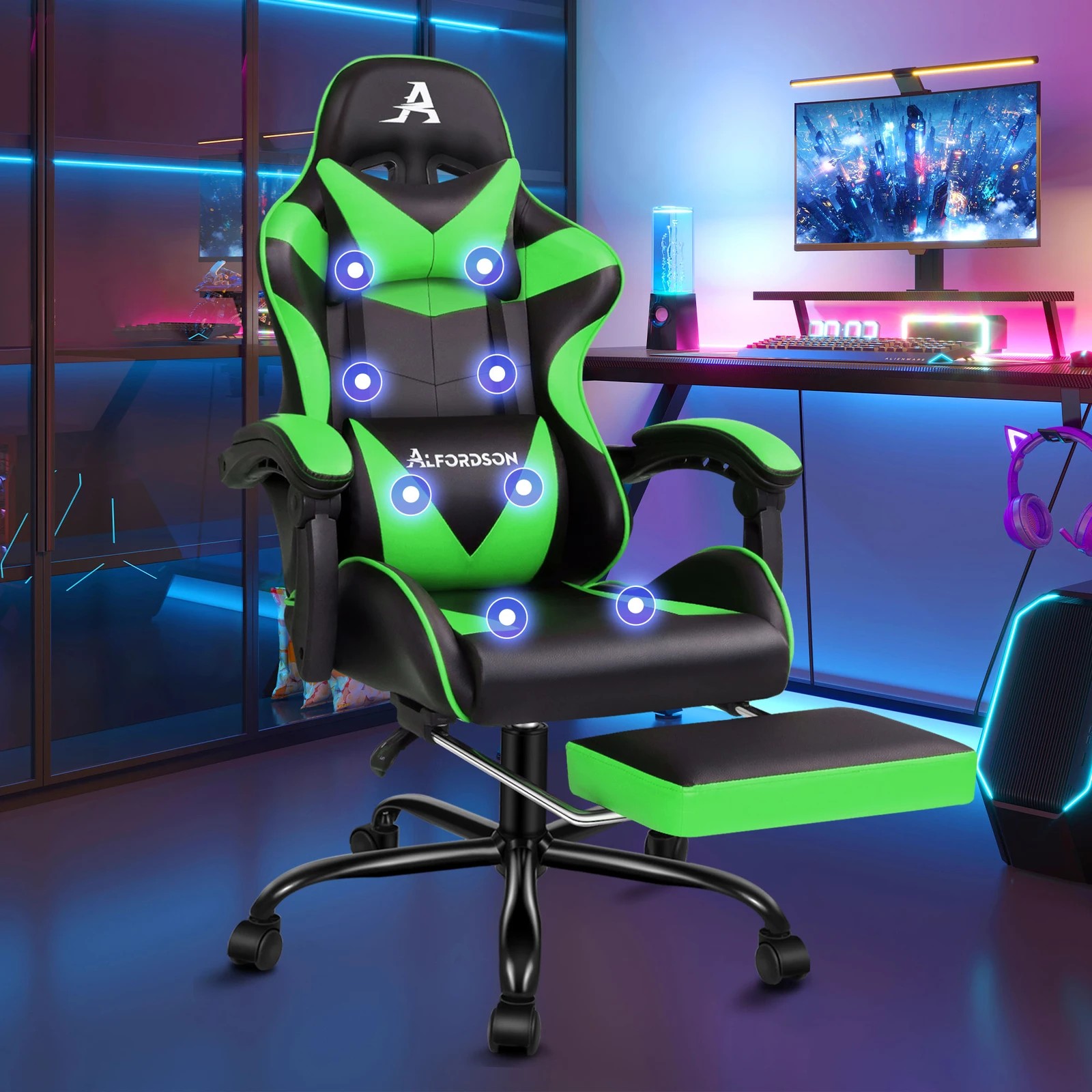 2 Alfordson Gaming Chair Office Massage Computer Racing Seat PU Leather - Green, 2 of 10