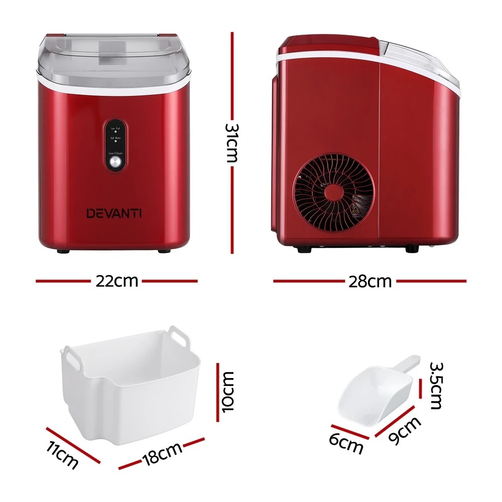 2 Devanti Ice Maker Machine 15kg Nugget Chewable Ice Cube - Red, 2 of 9