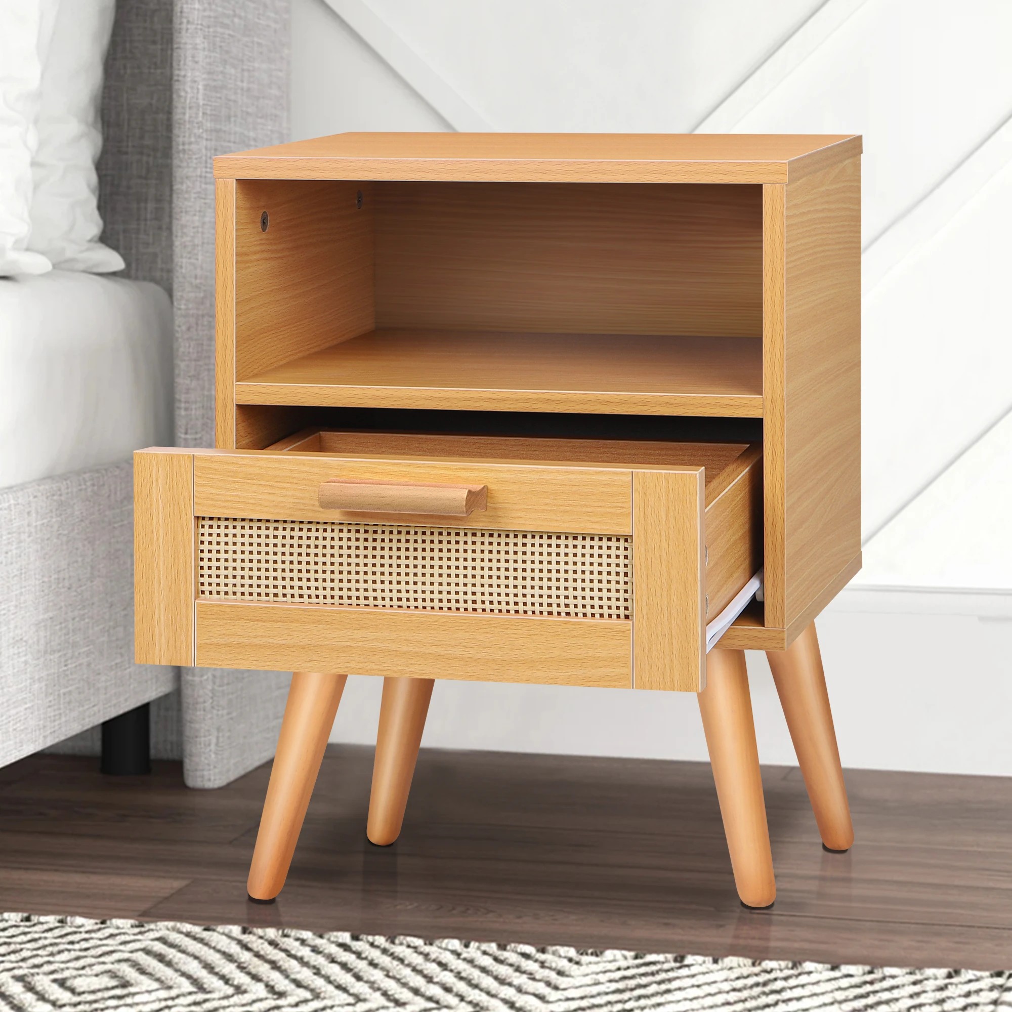 6 Alfordson Bedside Table Nightstand Side Storage Cabinet Scandinavian Rattan - Wood, 6 of 10