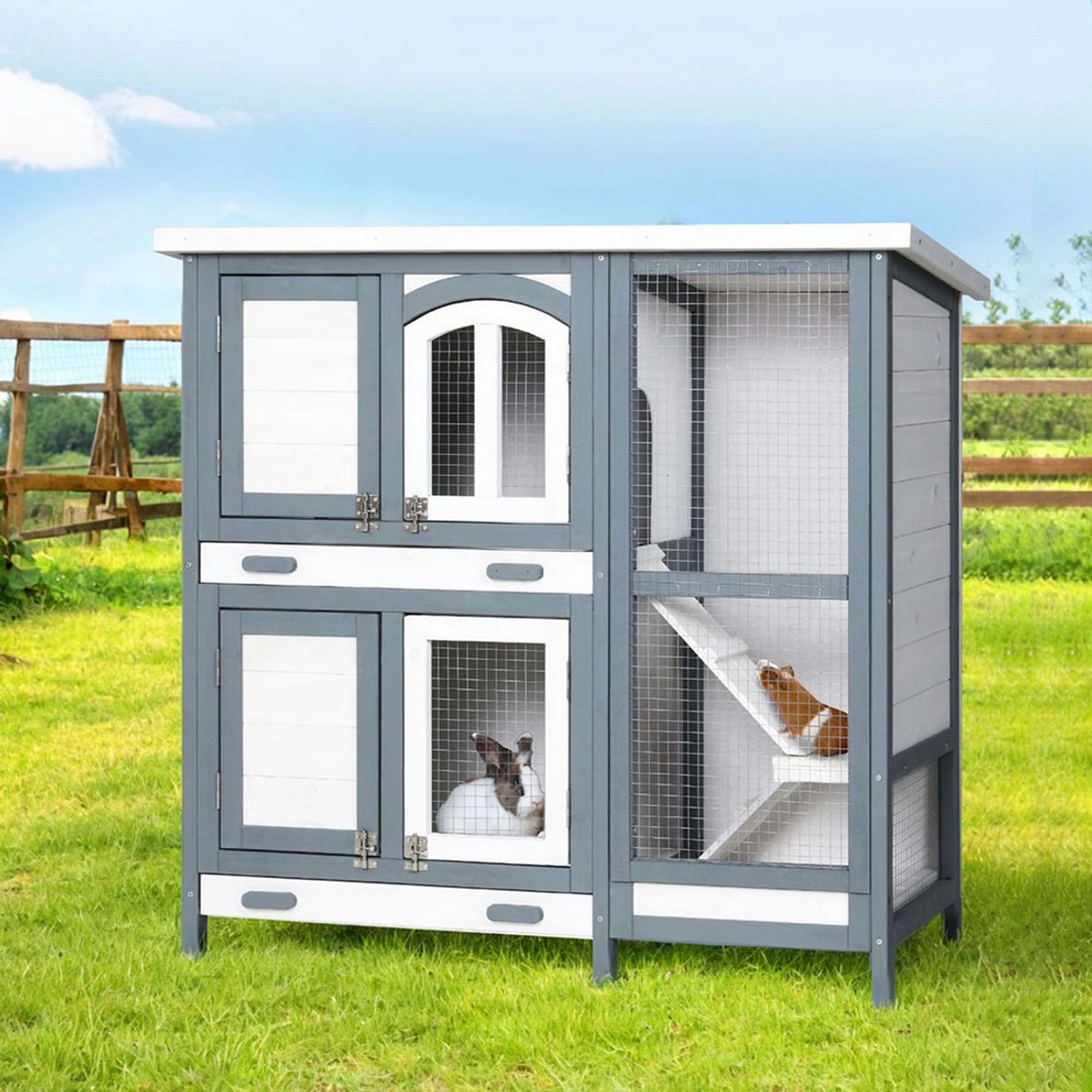 2 i.Pet Rabbit Hutch Chicken Coop Large Wooden House Run Cage - Multi, 2 of 6