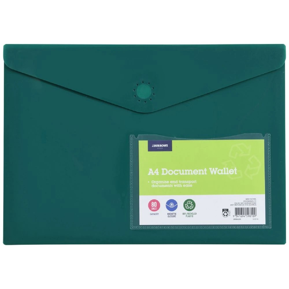 1 J.Burrows A4 Document Wallet Magnetic Closure Green, 1 of 4