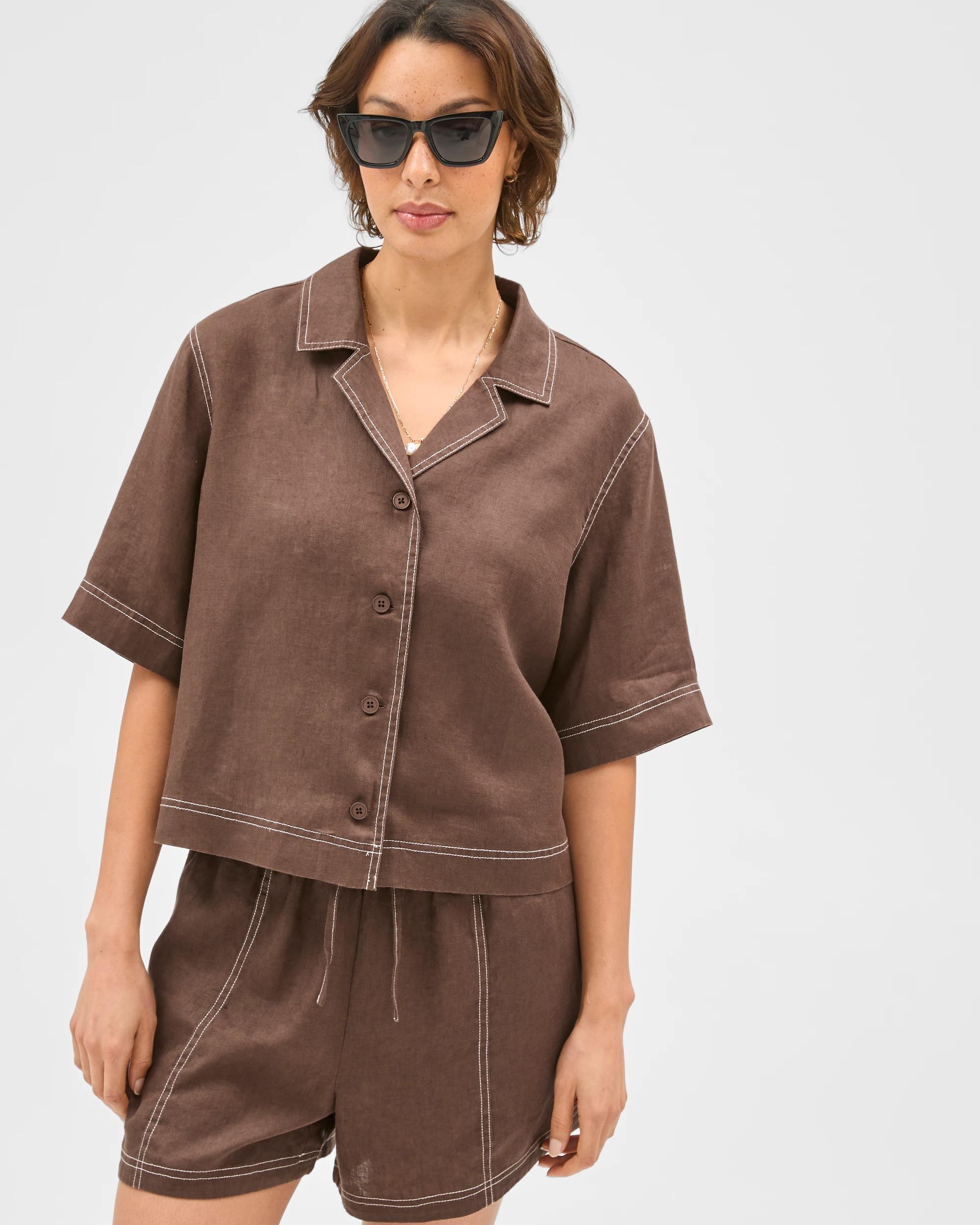 3 Target Woman European Linen Short Sleeve Stitch Detail Shirt COFFEE BEAN, 3 of 7