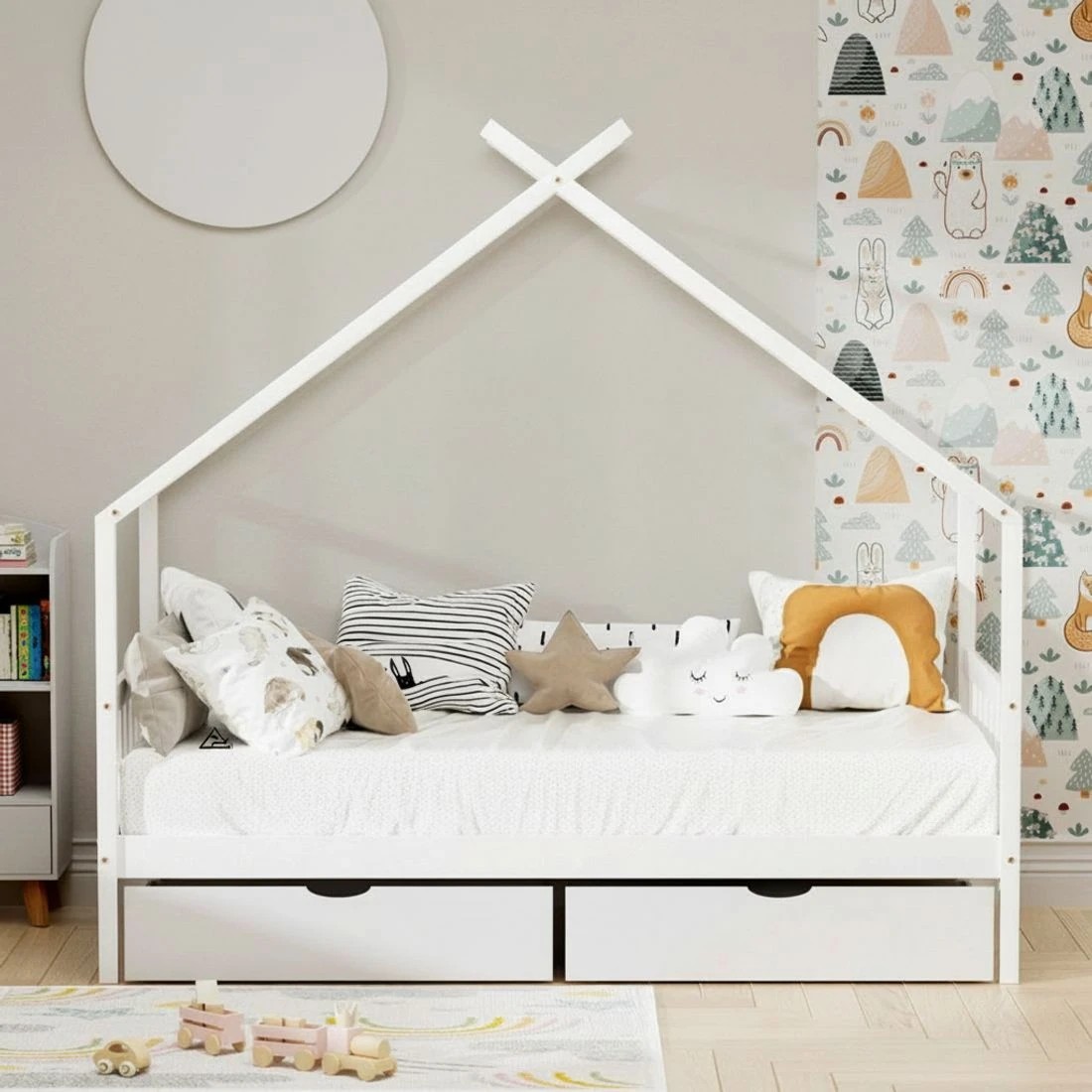 5 Artiss Bed Frame Wooden Base Kids Single Timber House  with 2 Storage Drawers - White, 5 of 5