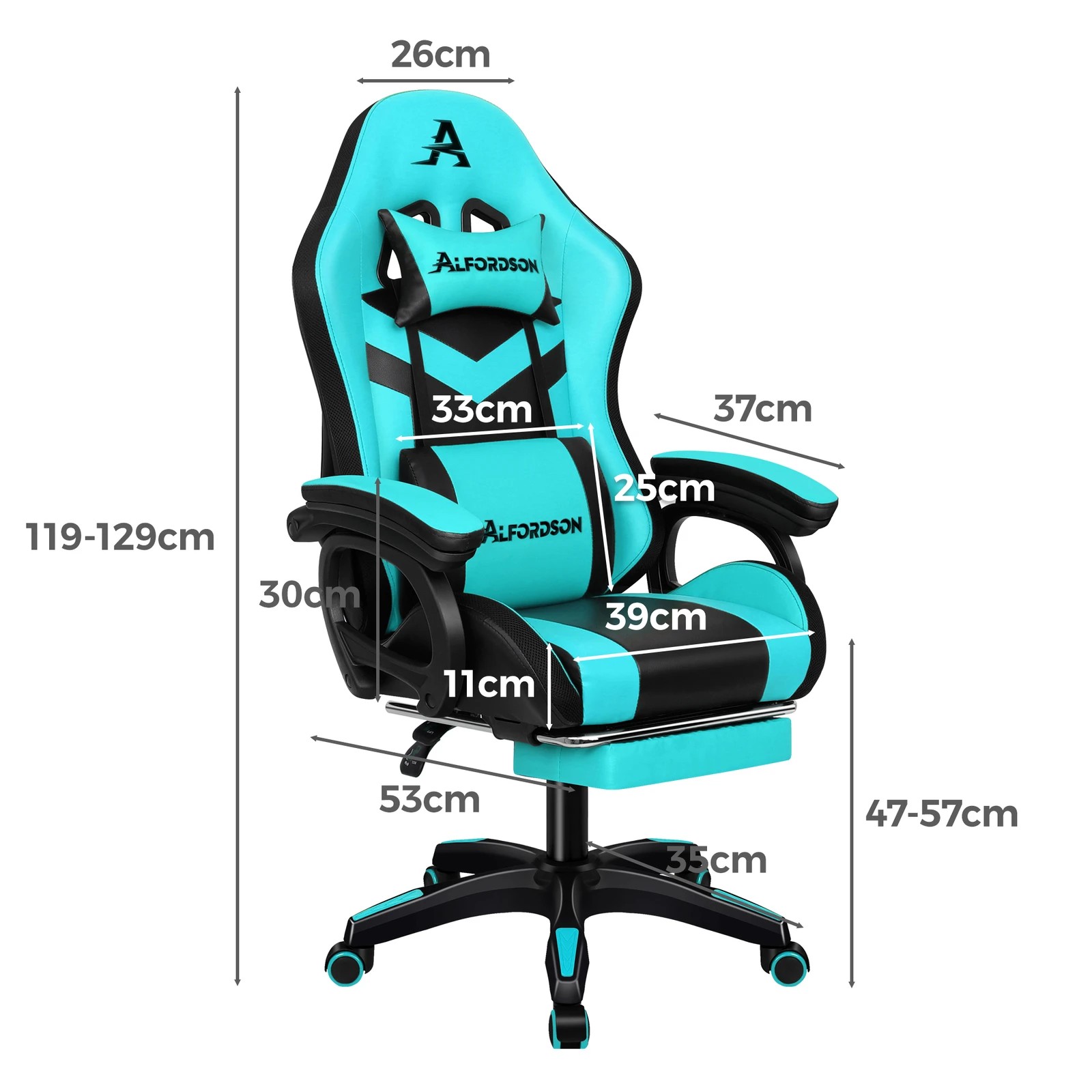 4 Alfordson Gaming Office Chair 12 RGB LED Massage Computer Seat Footrest - Cyan Black, 4 of 10