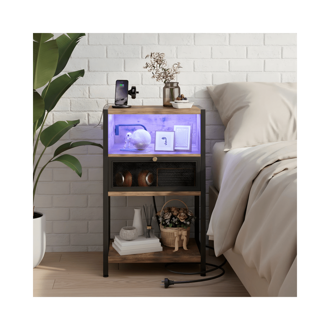3 Advwin LED Bedside Table with Charging Station Metal Mesh Drawer Nightstand Side Table - Brown, 3 of 9
