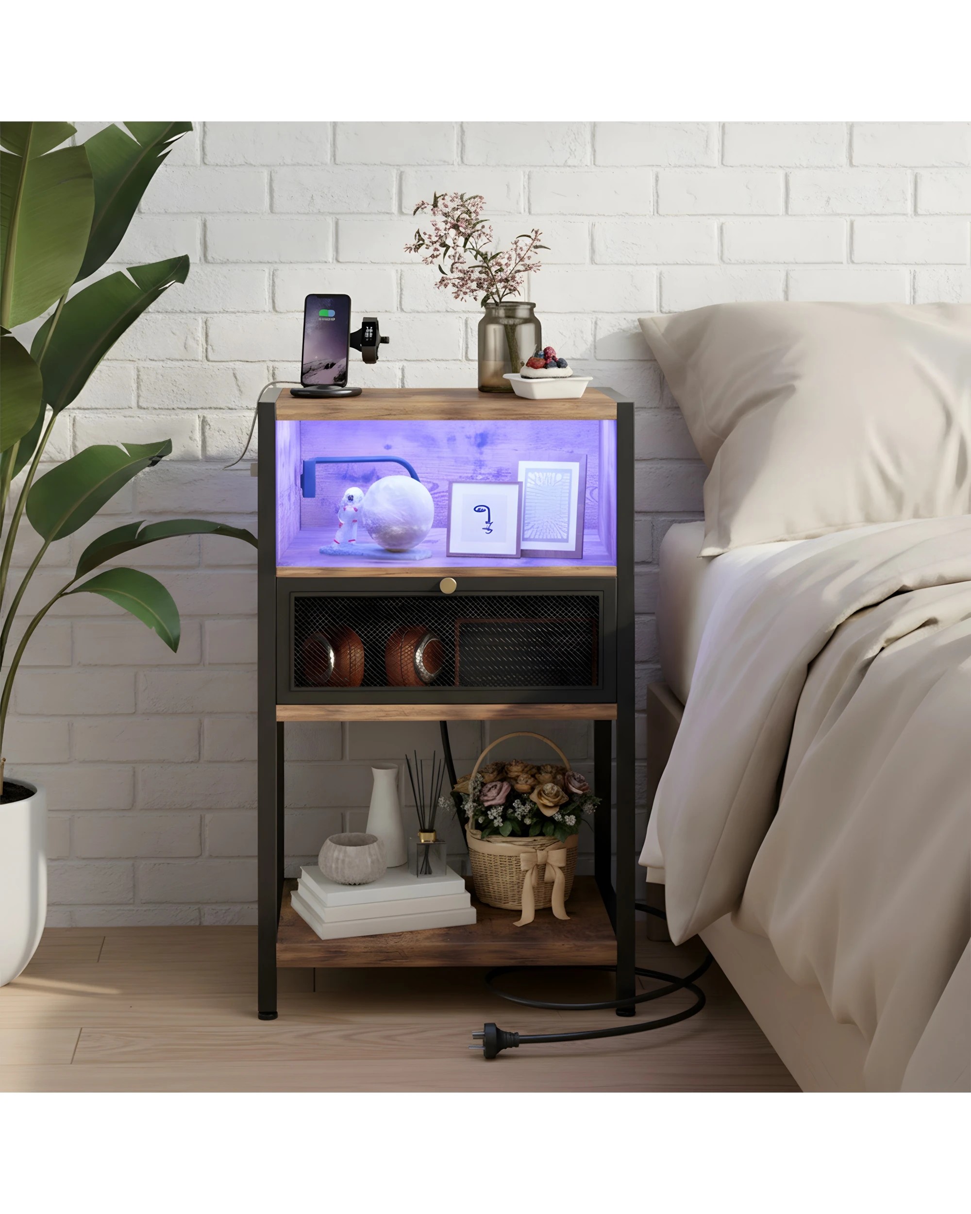 2 Advwin LED Bedside Table with Charging Station Metal Mesh Drawer Nightstand Side Table - Brown, 2 of 8