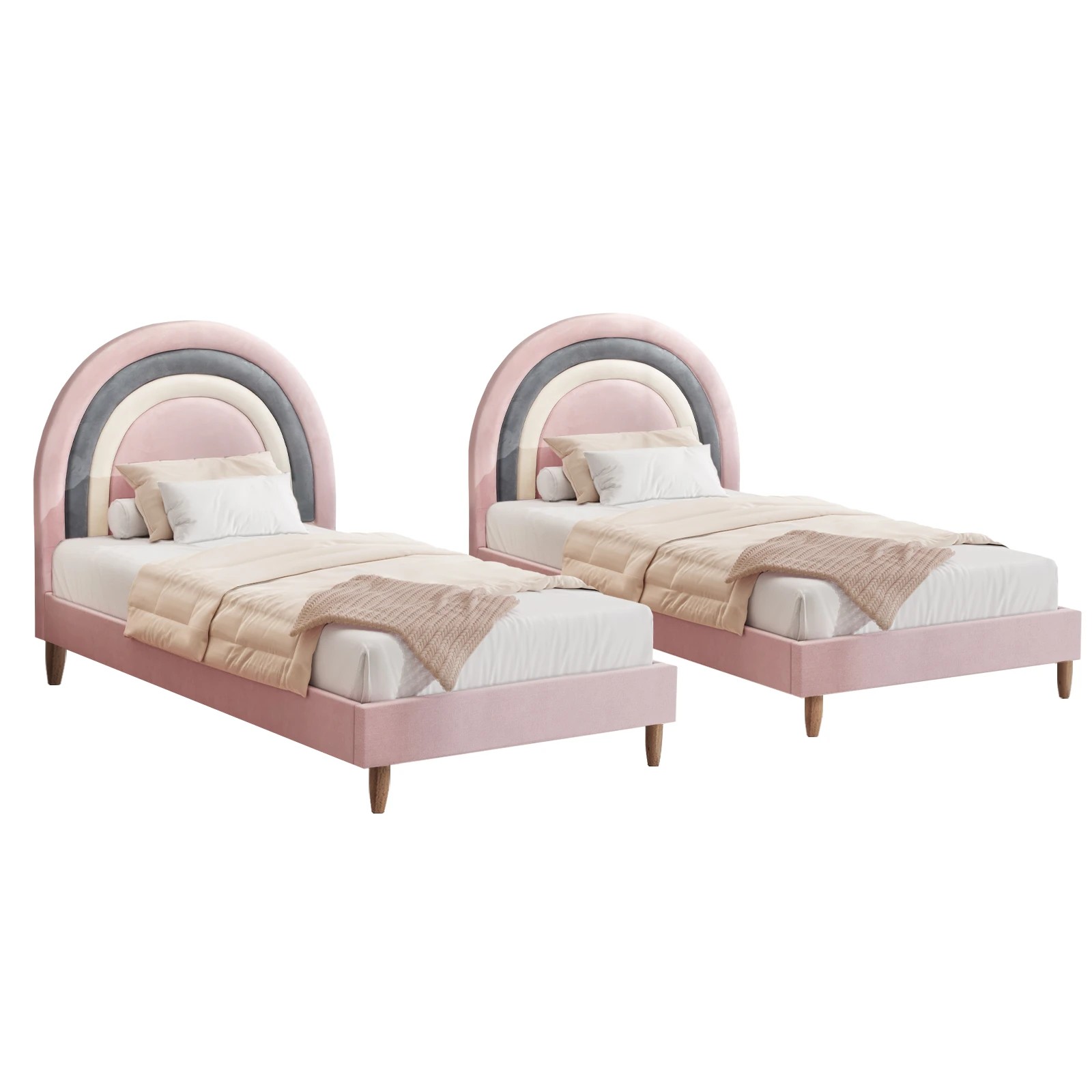 3 Oikiture Bed Frame 2X Single Size Rainbow Kids Bed Frame Velvet - Pink, 3 of 6