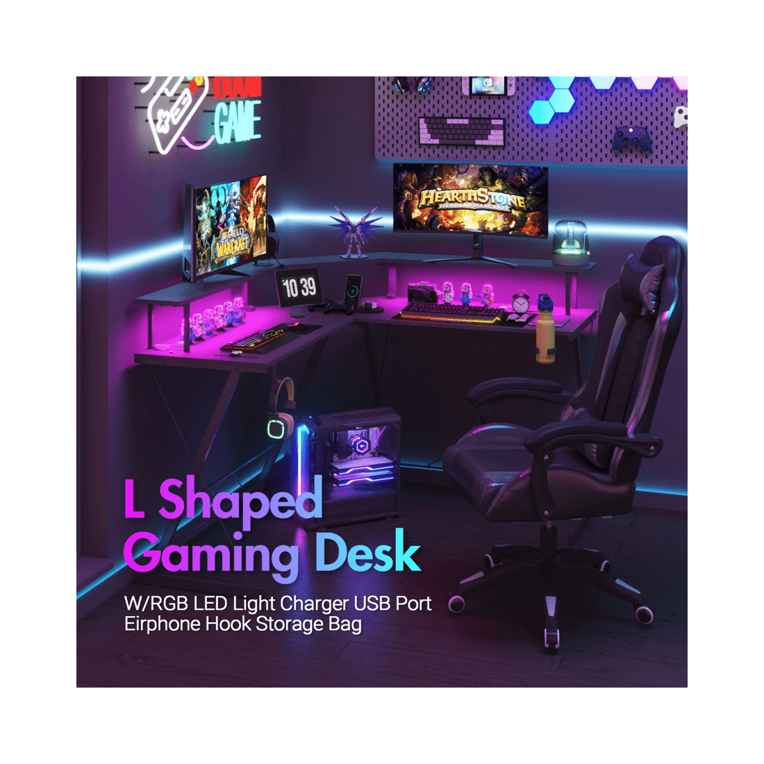 8 Advwin 126cm L Shaped Gaming Desk With Led Lights & Power Outlets Computer Desk Black, 8 of 10