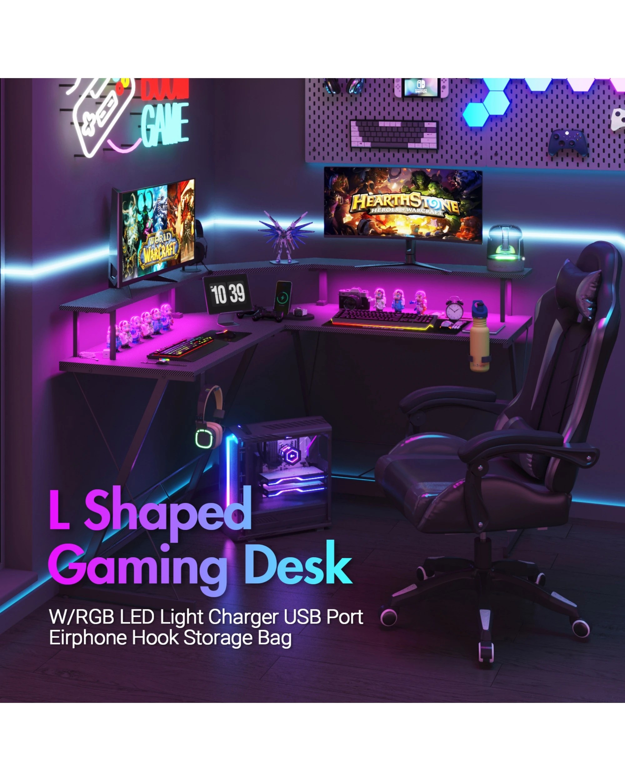 8 Advwin 126cm L Shaped Gaming Desk With Led Lights & Power Outlets Computer Desk Black, 8 of 10
