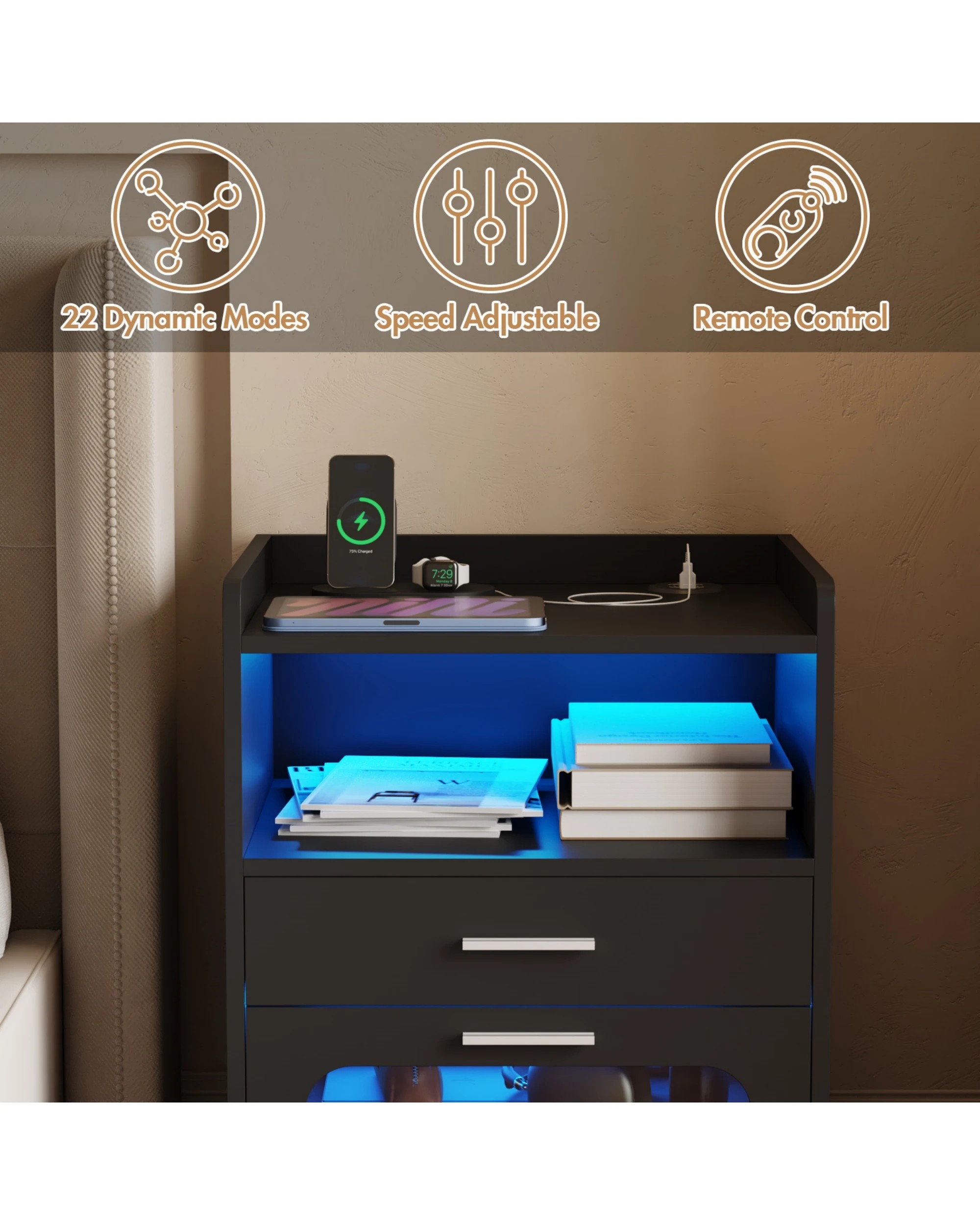 5 Advwin Bedside Table Wireless Charging Station Led Lights 2 Drawers Storage
 - Black, 5 of 9