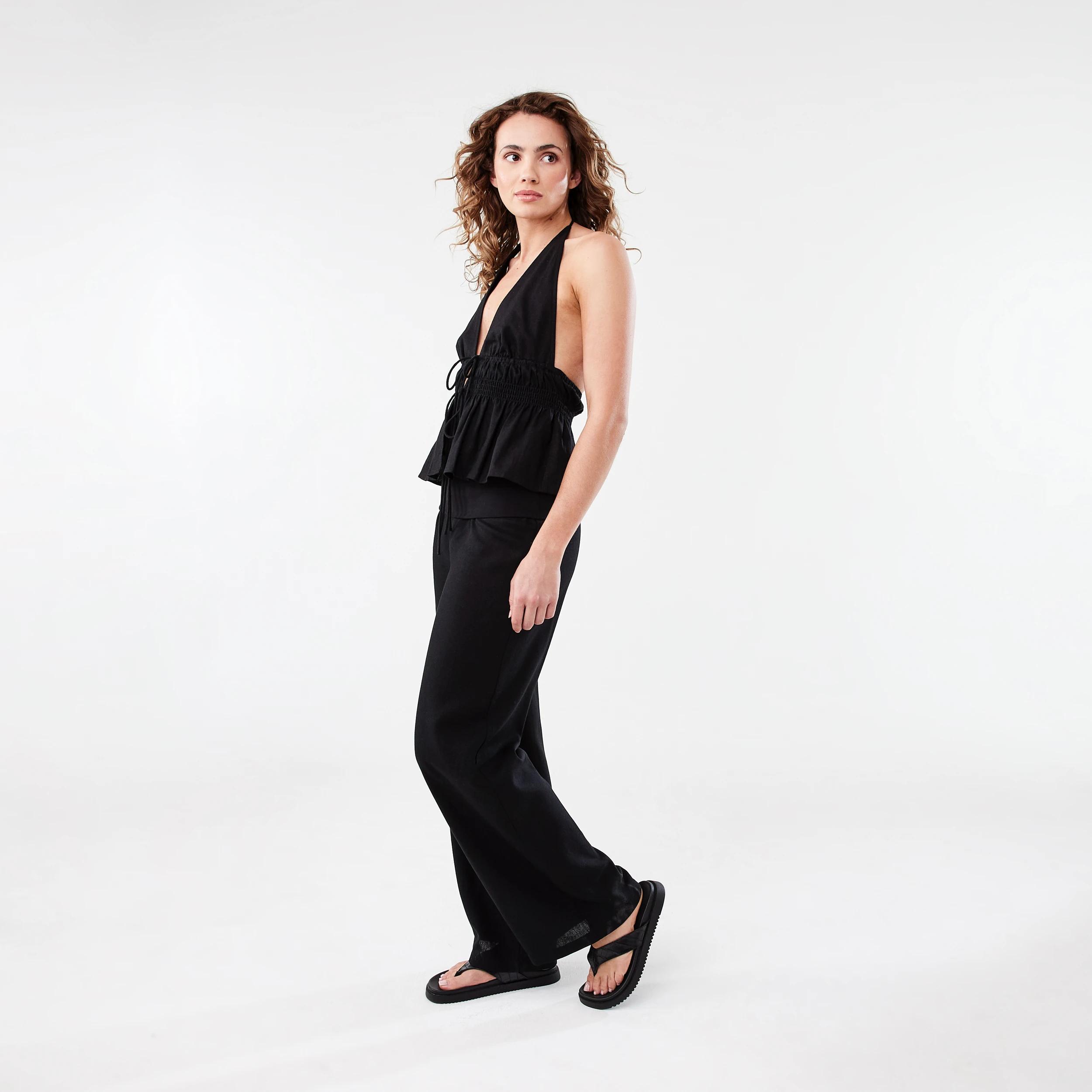 3 Linen Blend Fold Over Pants Black, 3 of 5