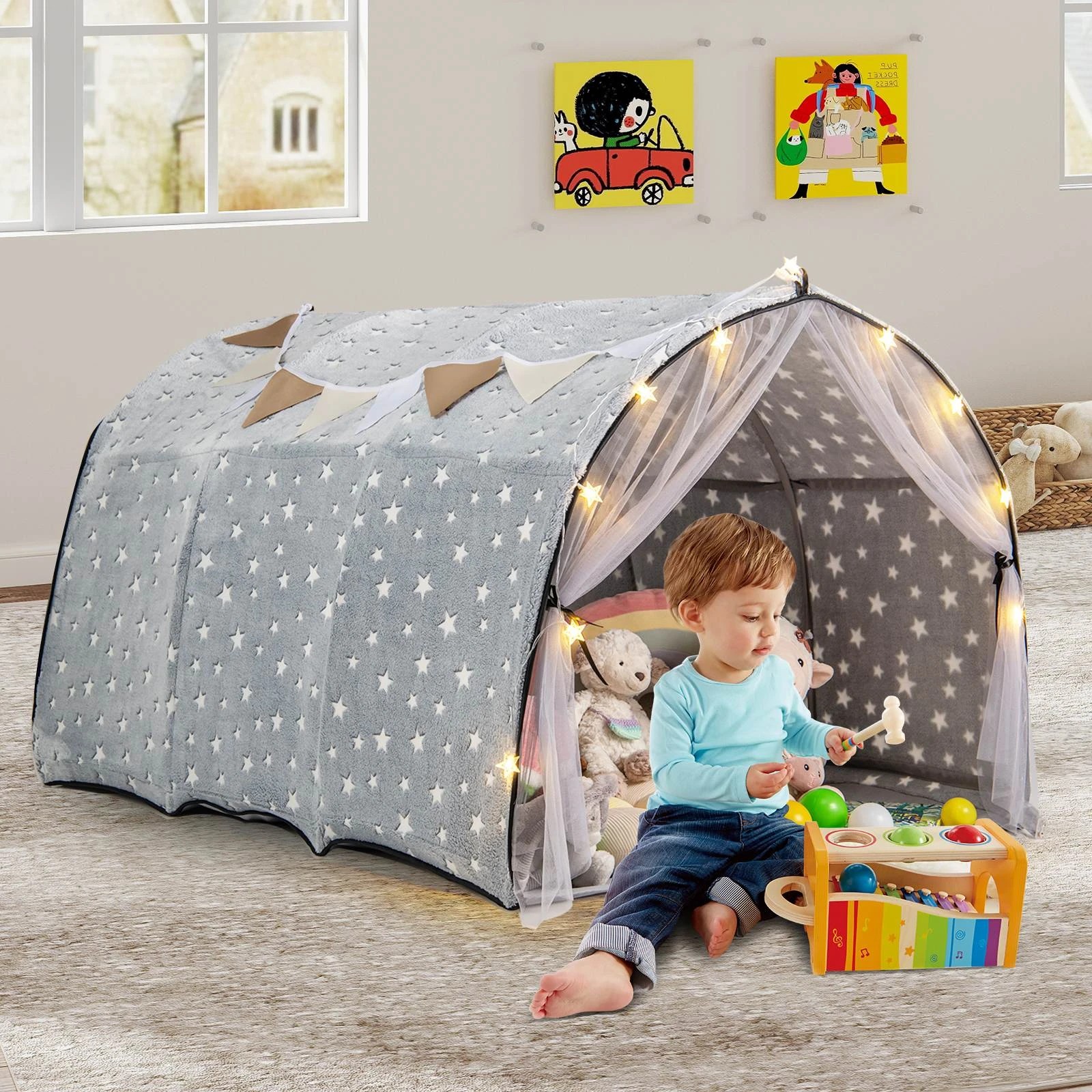 2 Costway Glow in the Dark Play Tent Bed Tent Castle - Grey, 2 of 2