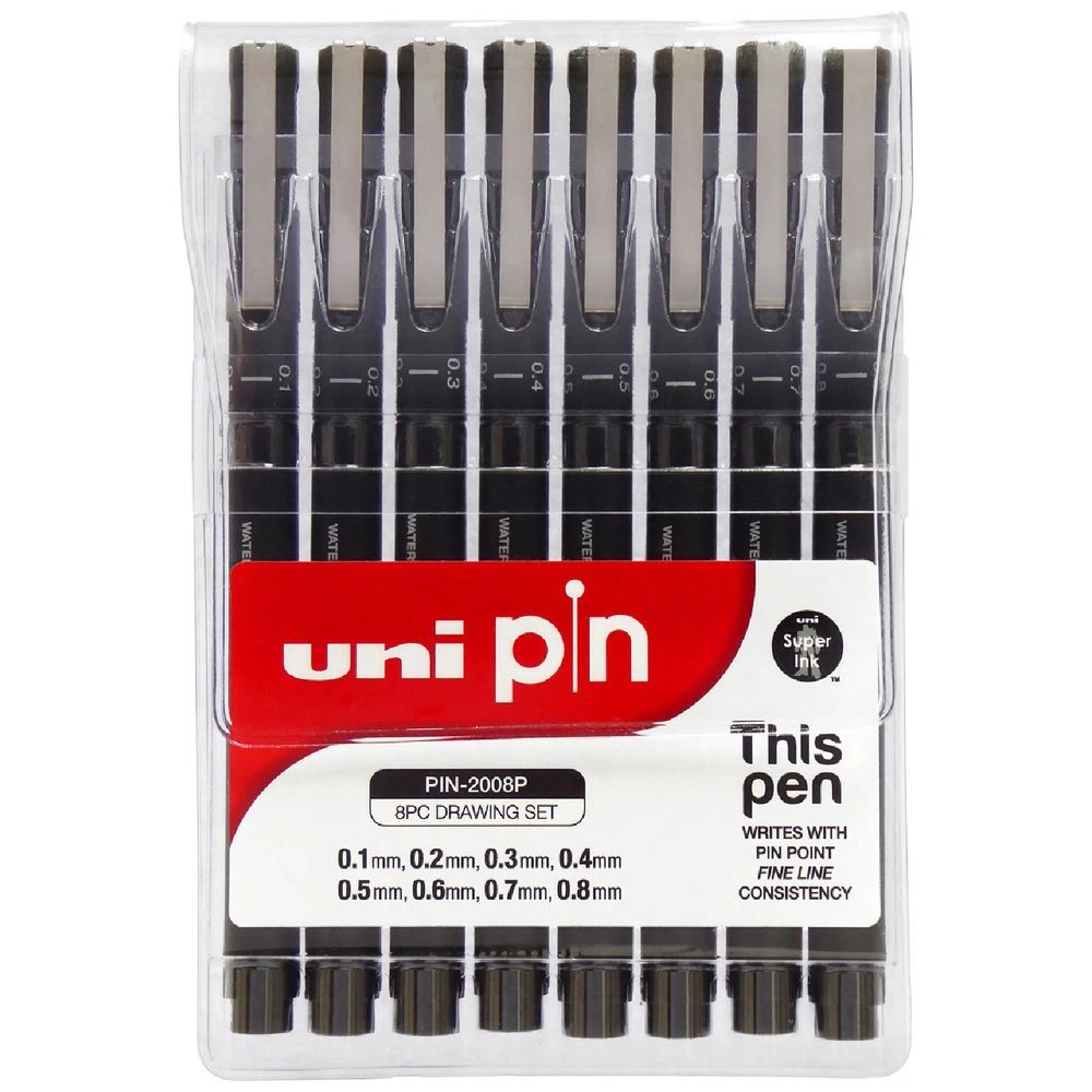 1 Uni Pin Fineliners Assorted Nibs Black 8 Pack, 1 of 3