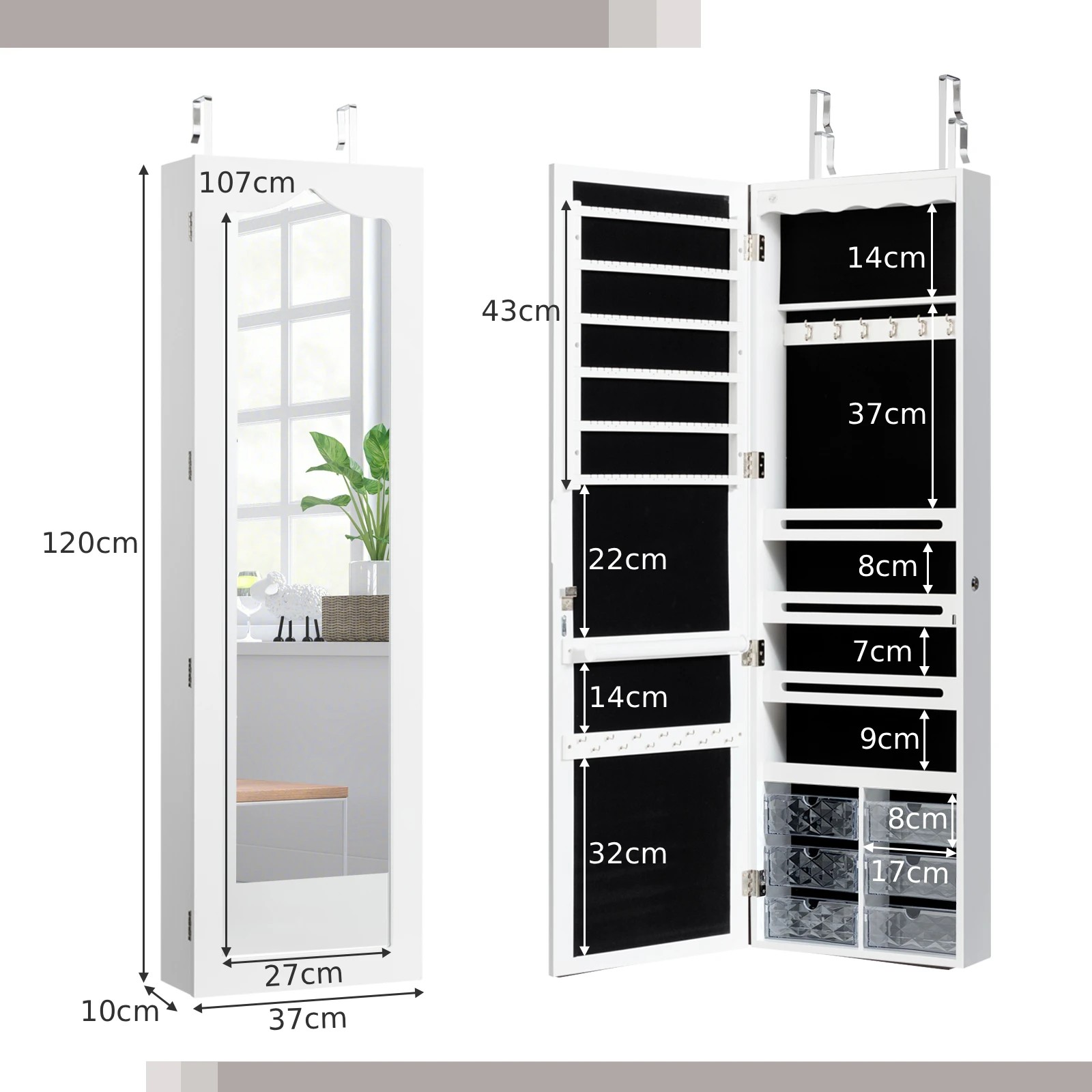 4 Costway Jewellery Storage Cabinet w/Full Lenth Mirror Wall/Door Mounted Jewellery Organizer - White, 4 of 4