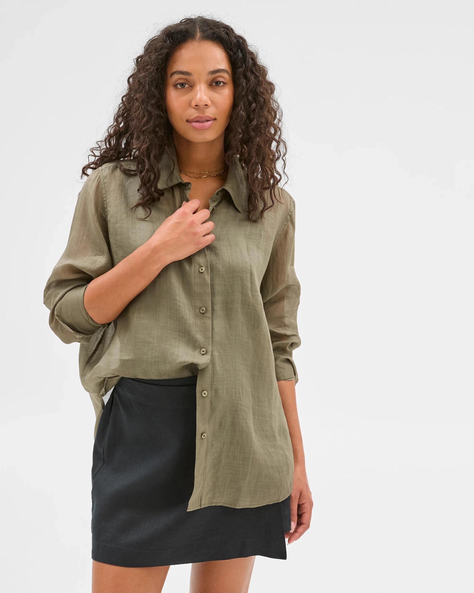 2 Target Woman Long Sleeve Ramie Shirt DUSTY OLIVE, 2 of 7
