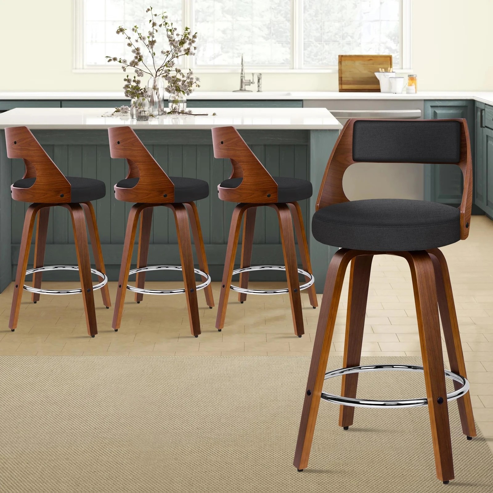 2 Alfordson 4x Swivel Bar Stools Eden Kitchen Wooden Dining Chair - Black, 2 of 10