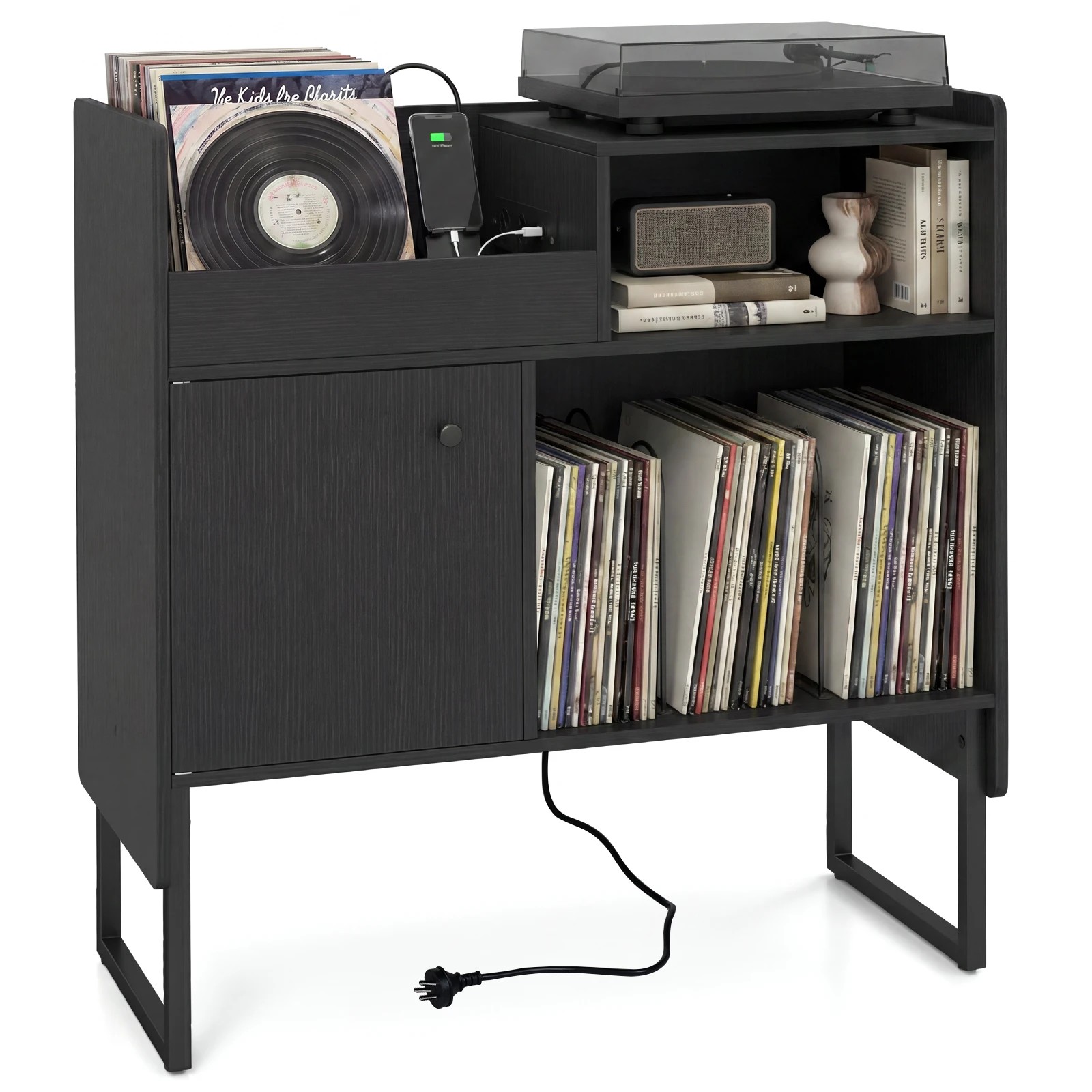 5 Costway Record Player Stand w/Power Outlets Vinyl Storage Turntable Stand - Black, 5 of 6
