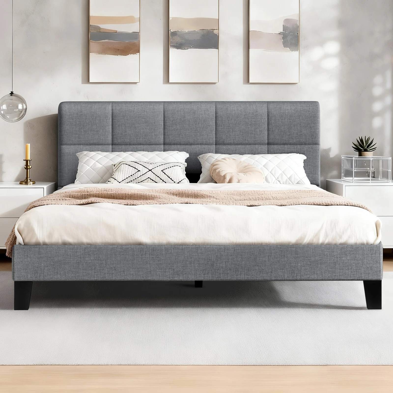 2 Alfordson Bed Frame Queen Size Wooden Slats Platform Fabric Paula - Grey, 2 of 9