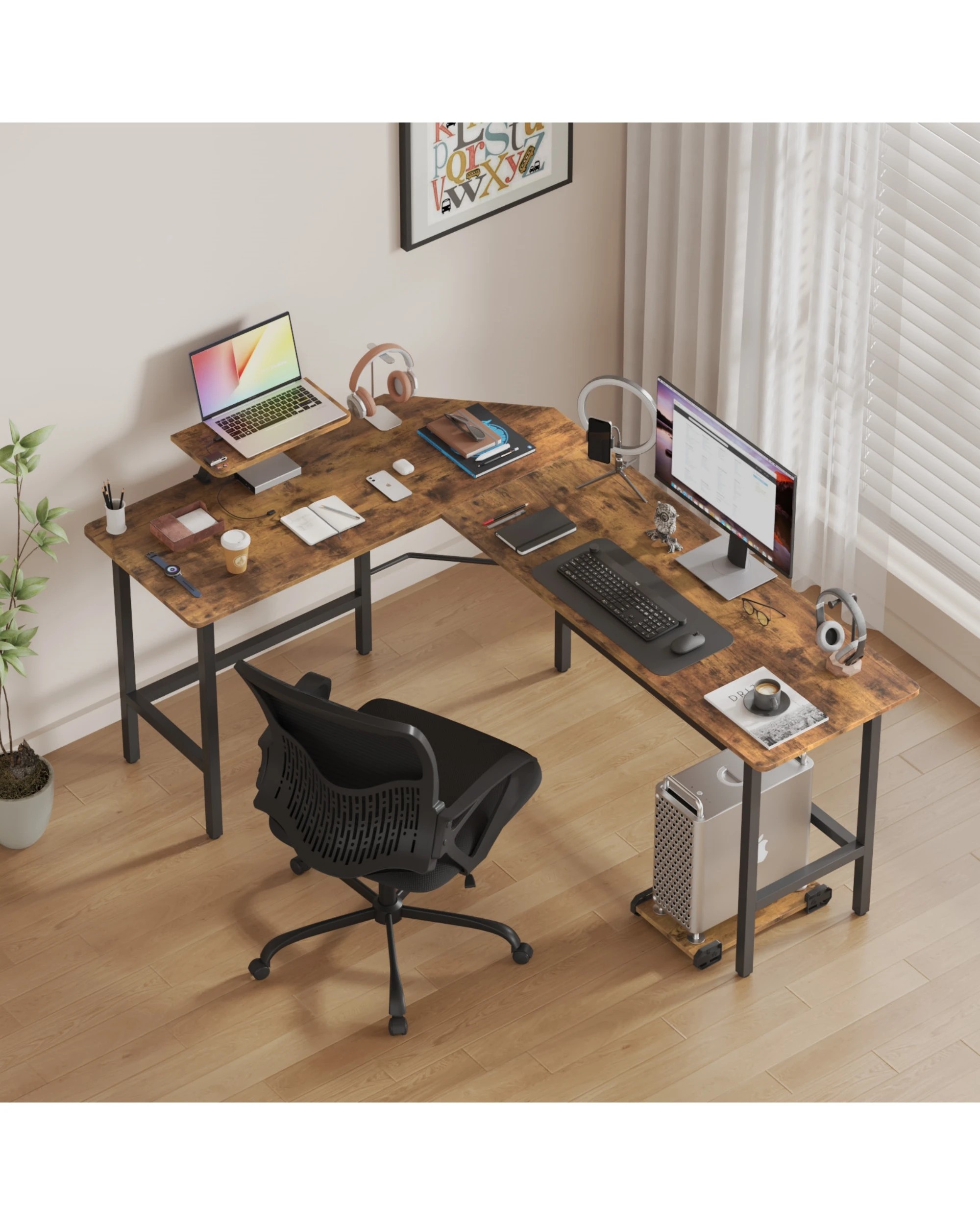 8 Advwin L-shaped Corner Desk With Laptop Stand Workstation Home Work Computer Desk Office Table - Brown, 8 of 9