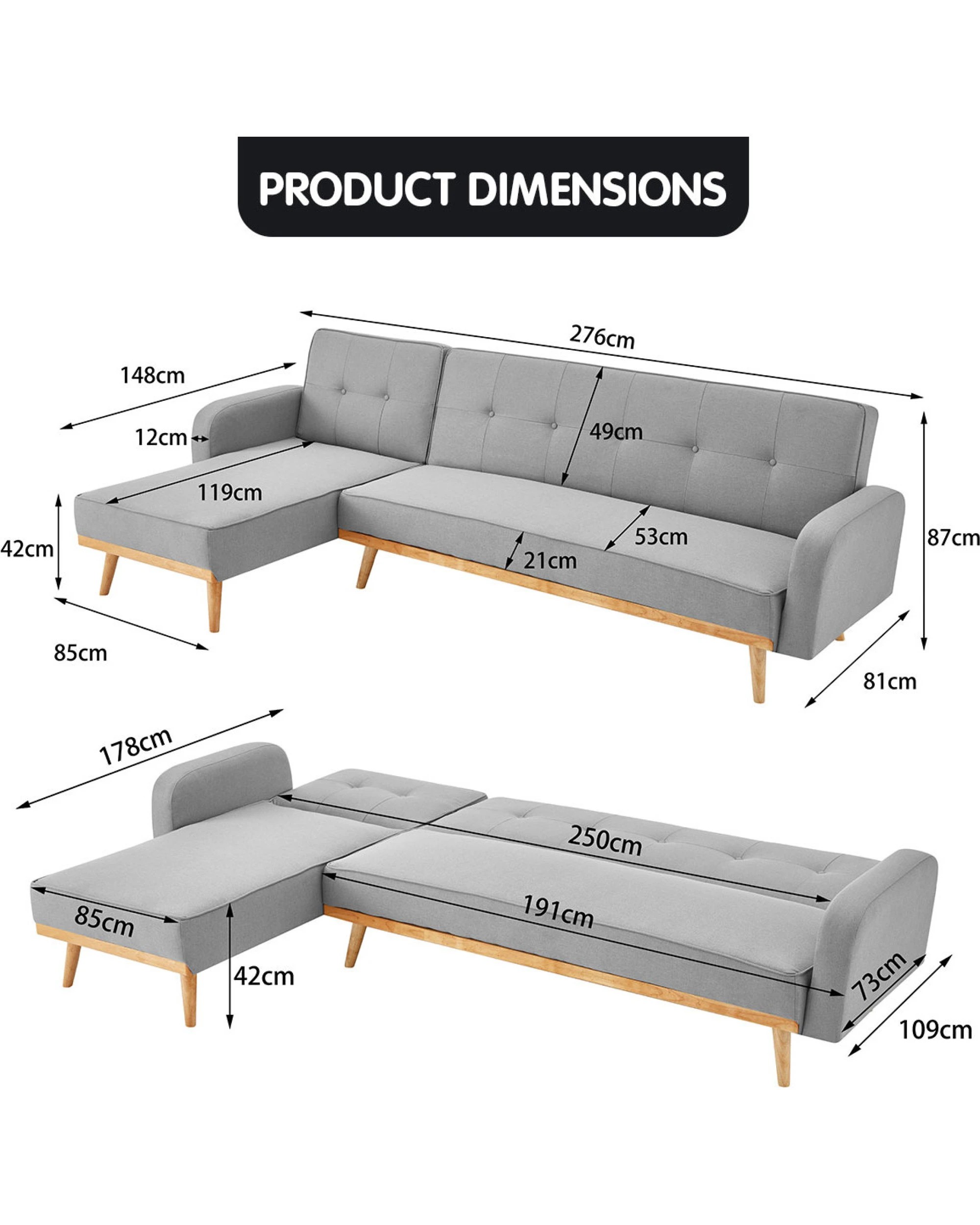 9 Sarantino 3-seater Corner Sofa Bed With Chaise Lounge - Light Grey, 9 of 10
