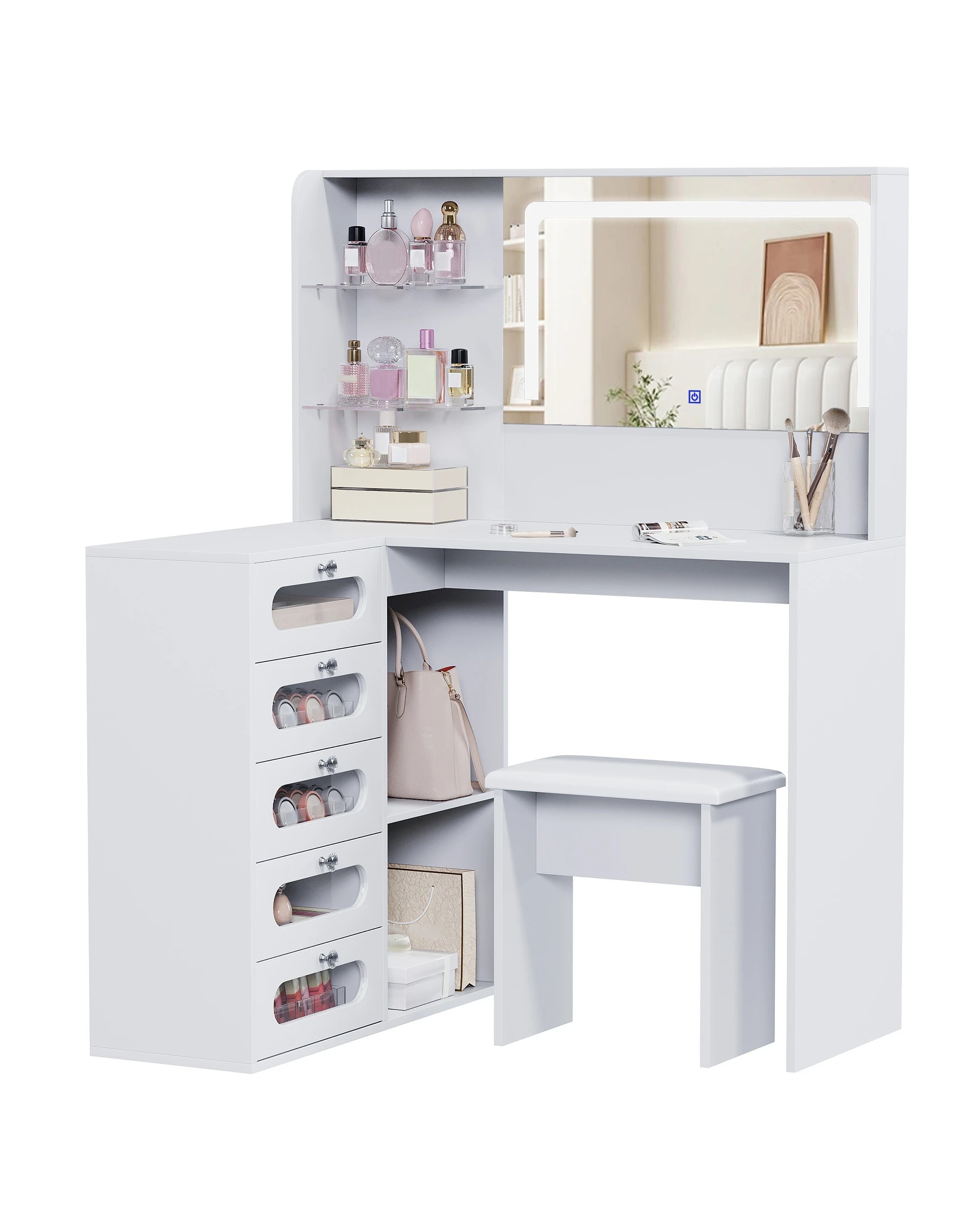 1 Advwin Corner Dressing Table L Shaped with Mirror and Lights 5 Drawers - White, 1 of 7