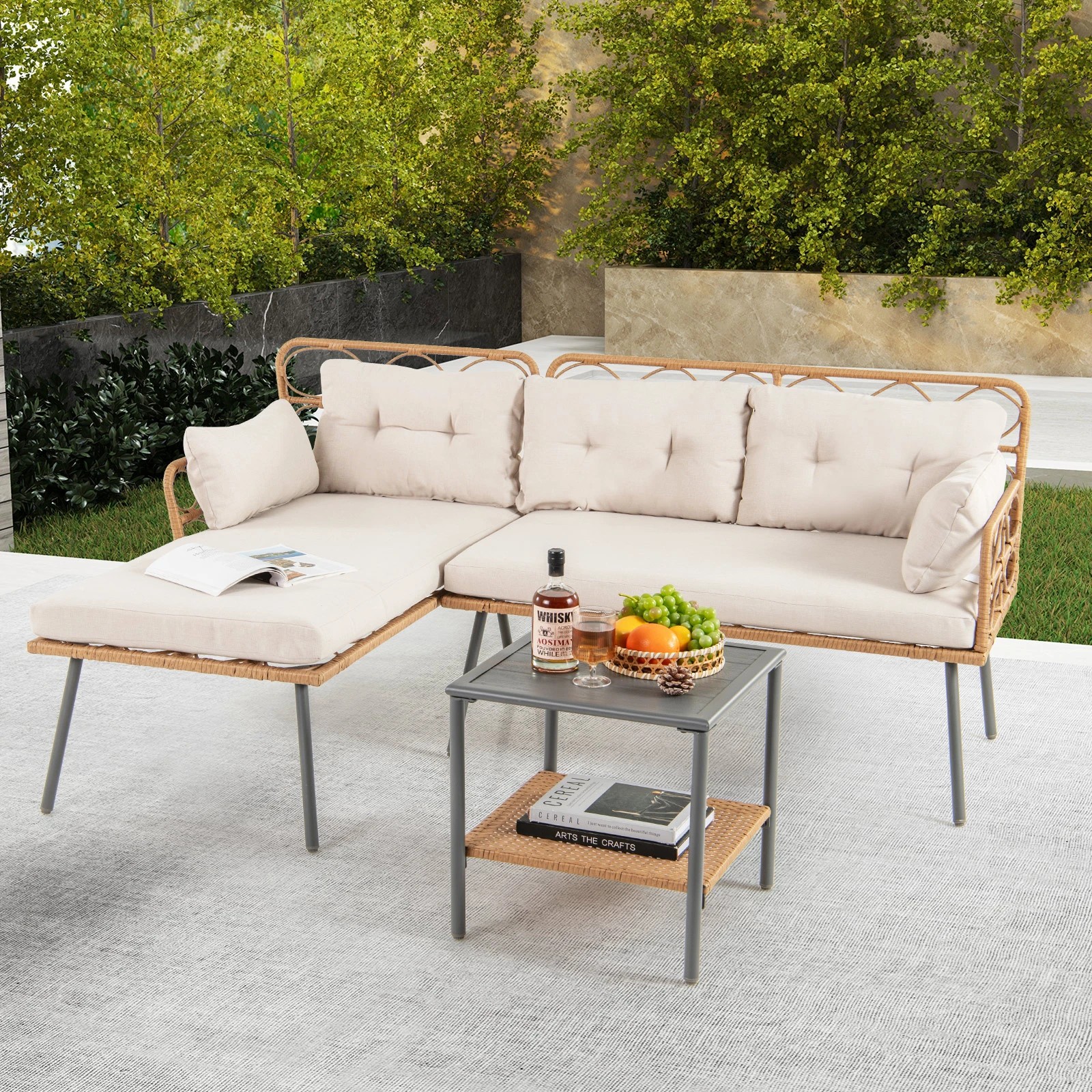 5 Costway 3PCS Patio Furniture PE Rattan L-Shaped Cushioned Sofa Set w/Coffee Table, 5 of 6