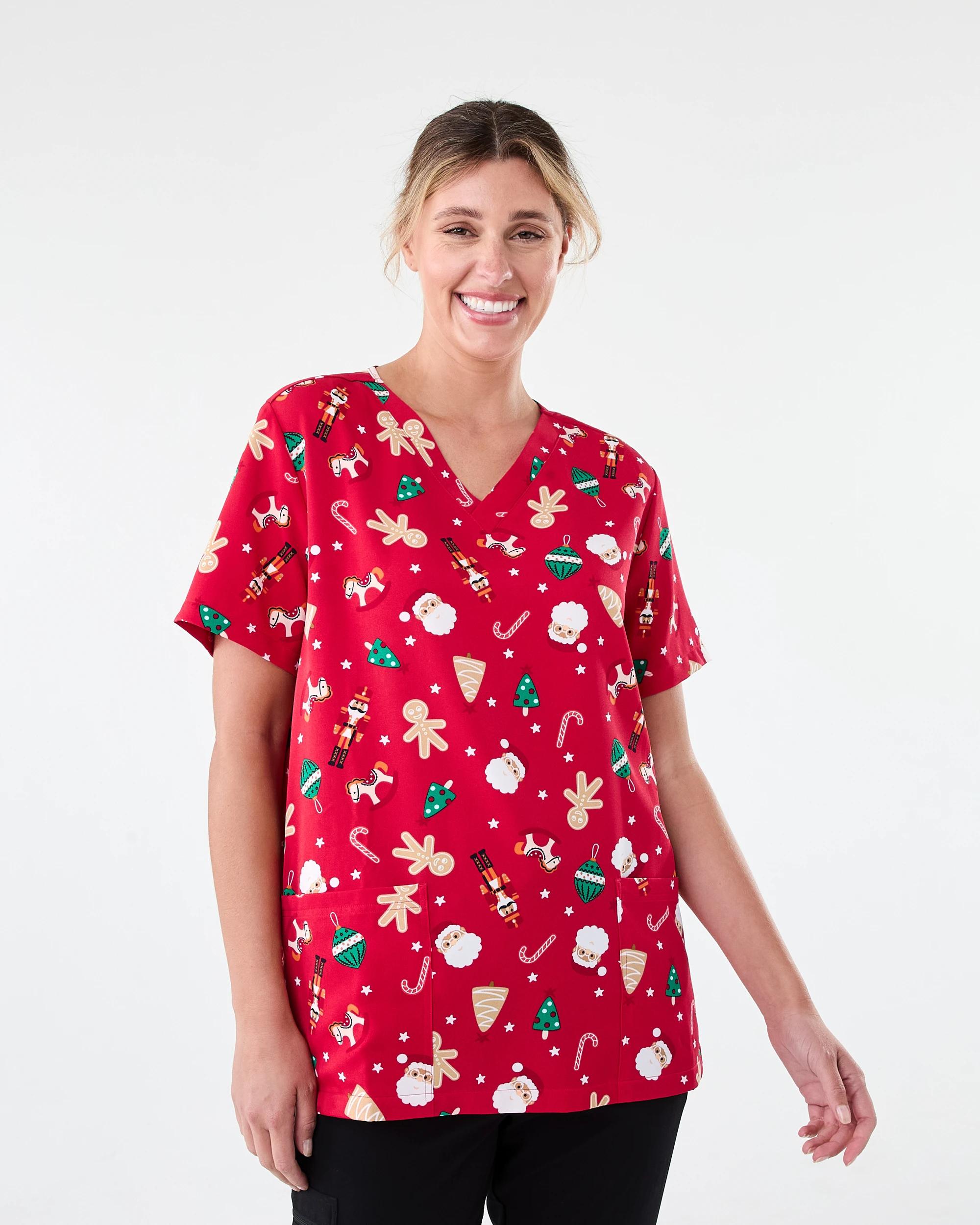 1 Workwear Short Sleeve Christmas Scrub Top SANTA DECORATION STRAWBERRY, 1 of 7