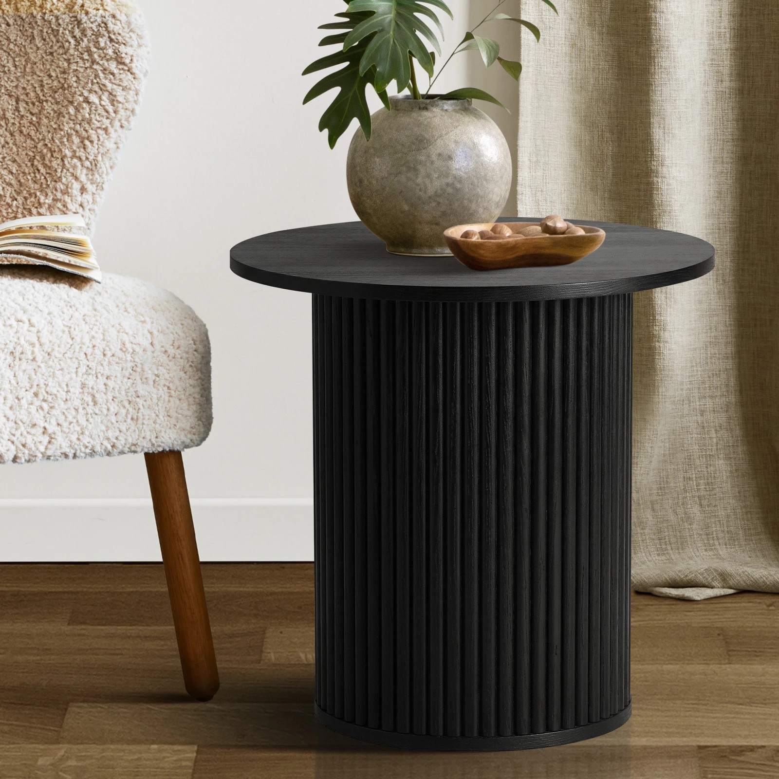 3 Oikiture Coffee Table Side End Tables Sofa Desk Bedside Round Wood - Black, 3 of 9