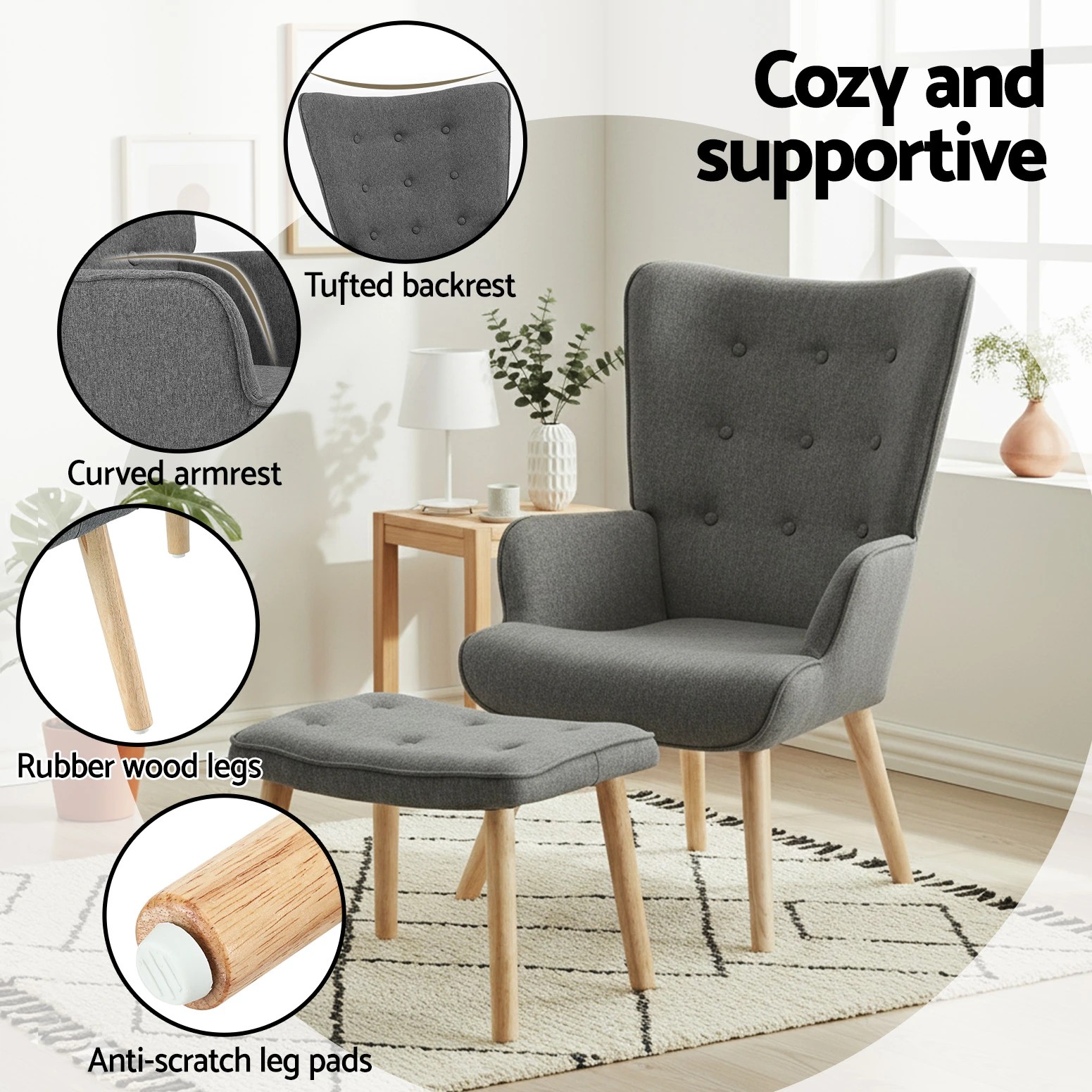 5 Artiss Armchair Set with Ottoman  Lansar - Grey, 5 of 7