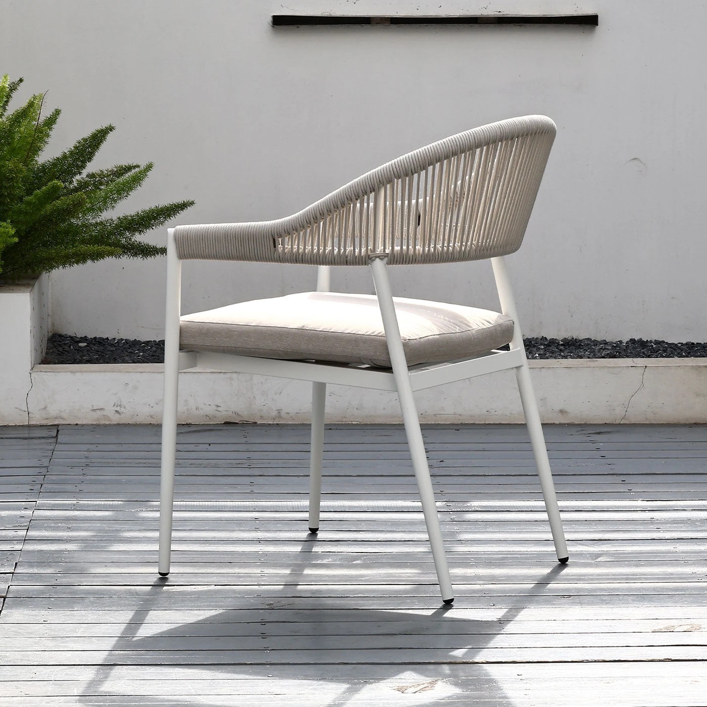8 Moda Living Fraser White Aluminium Outdoor Dining Chairs with Arms - Beige Rope and Cushion (Set of 4) - White, 8 of 10