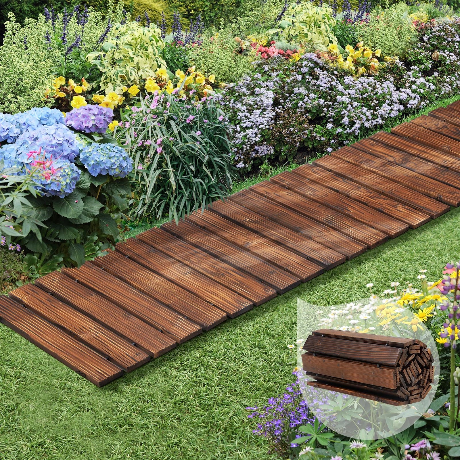 3 Livsip Garden Wooden Pathway 8ft Roll-Out Straight Wood Walkway Backyard Outdoor - Charcoal, 3 of 9