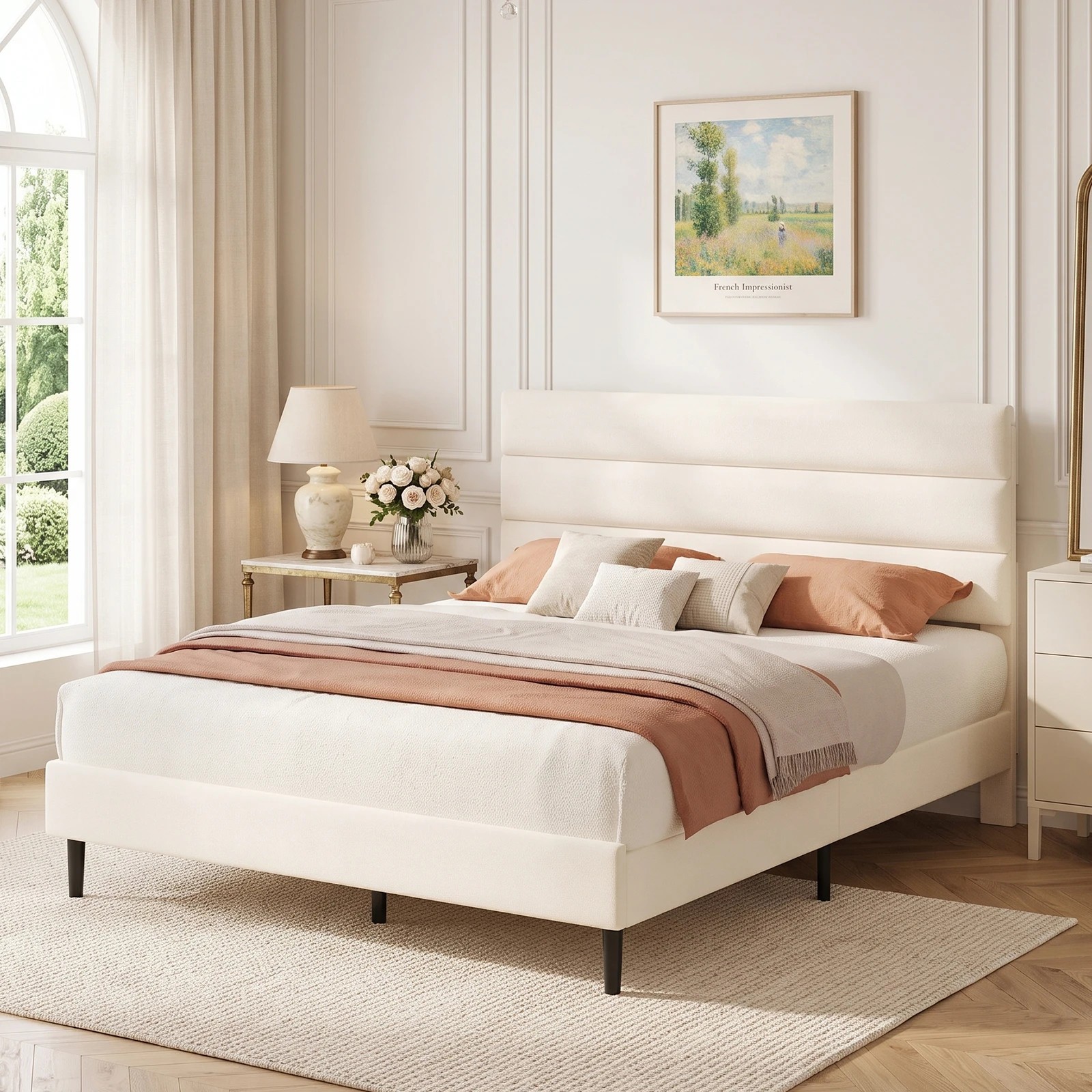 4 Advwin Double Velvet Upholstered Bed Frame with Wooden Slats - Beige, 4 of 7