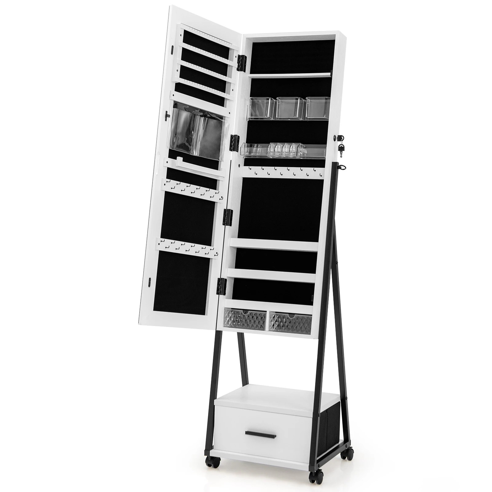 1 Costway Mobile Mirror Jewellery Cabinet Jewelry Makeup Organiser w/Drawers Jewelry Armoire - White, 1 of 4