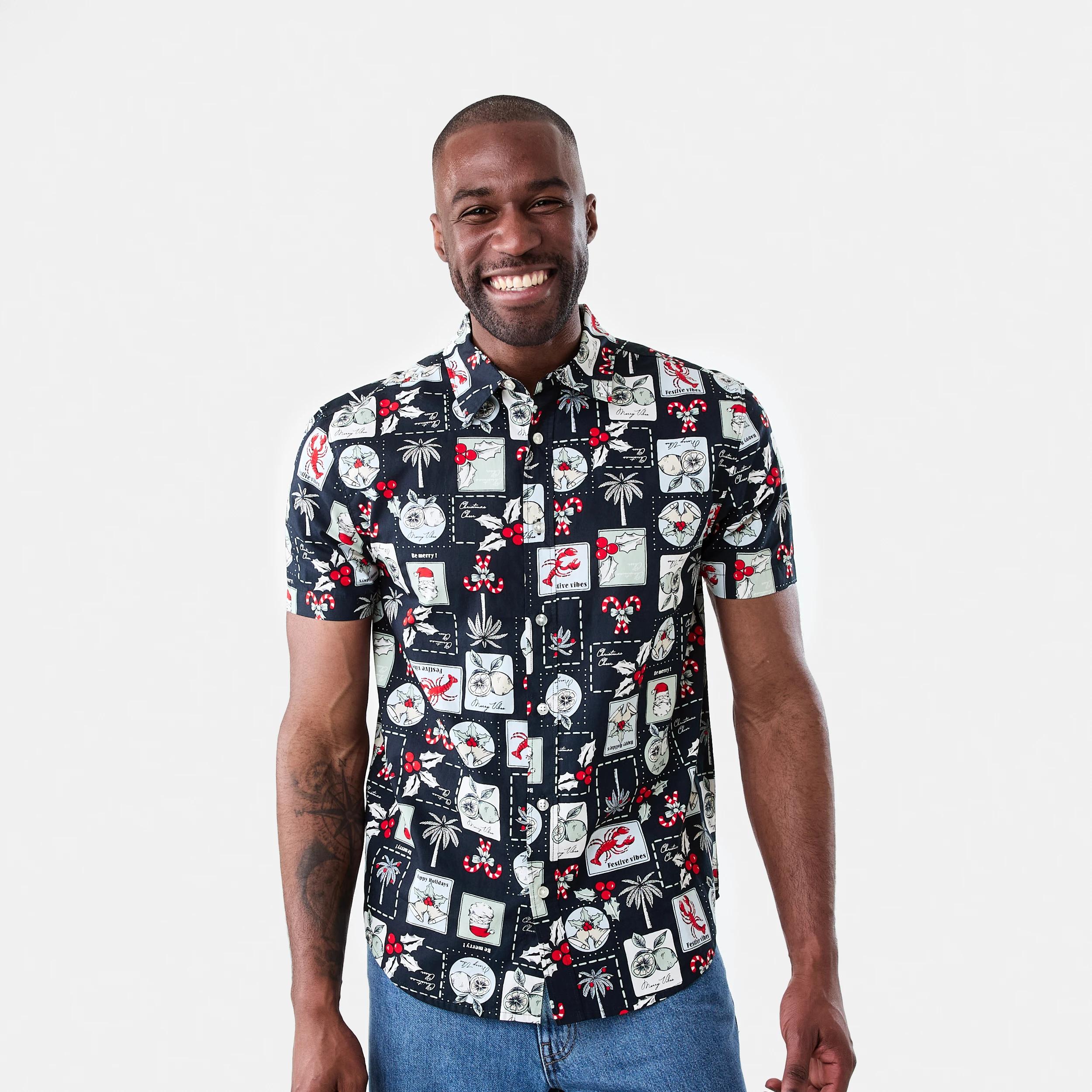 1 Short Sleeve Christmas Print Shirt Blu Xmasvc, 1 of 6