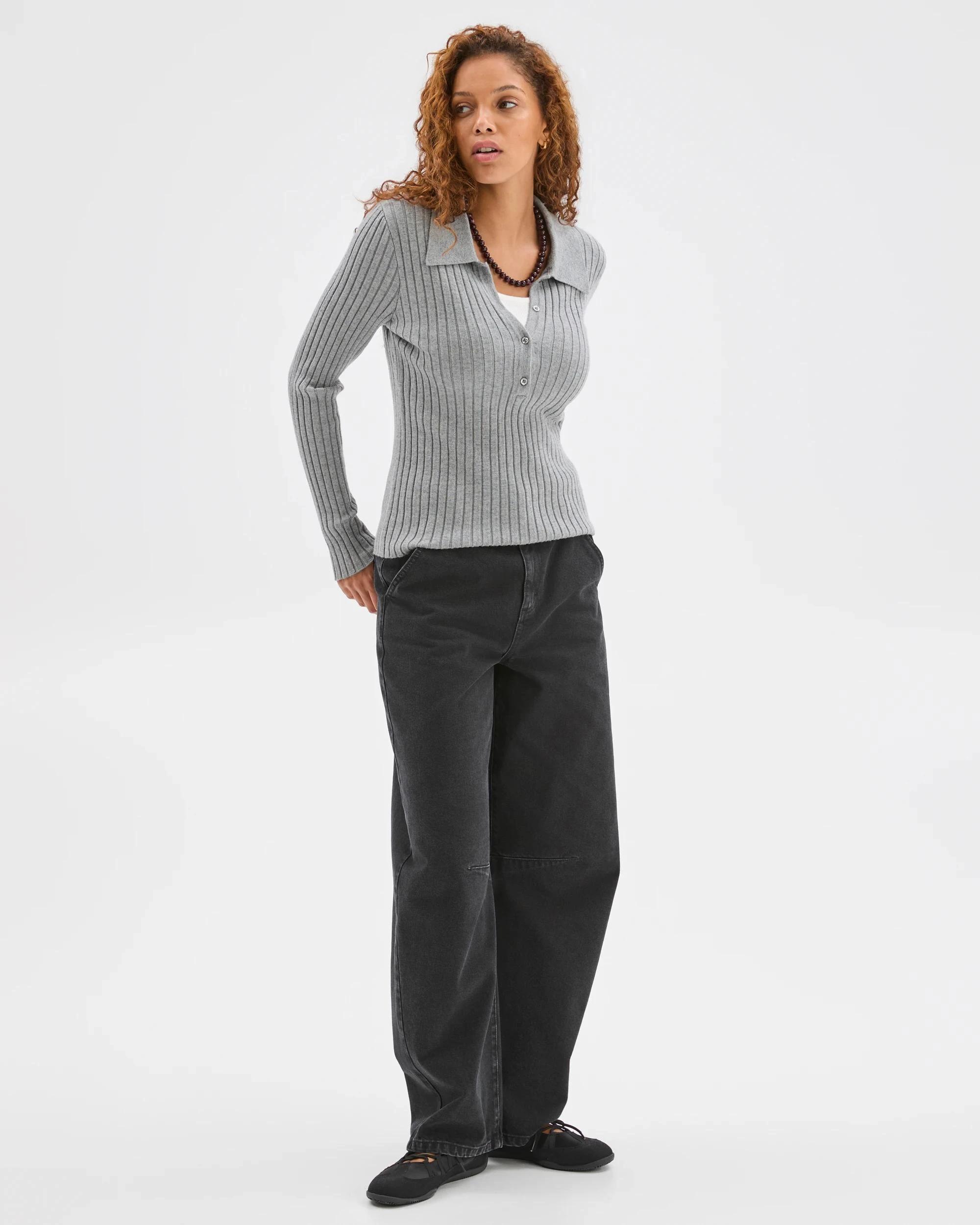 3 Target Woman Fine Knit Double Layer Polo Sweater MID GREY MARLE, 3 of 6