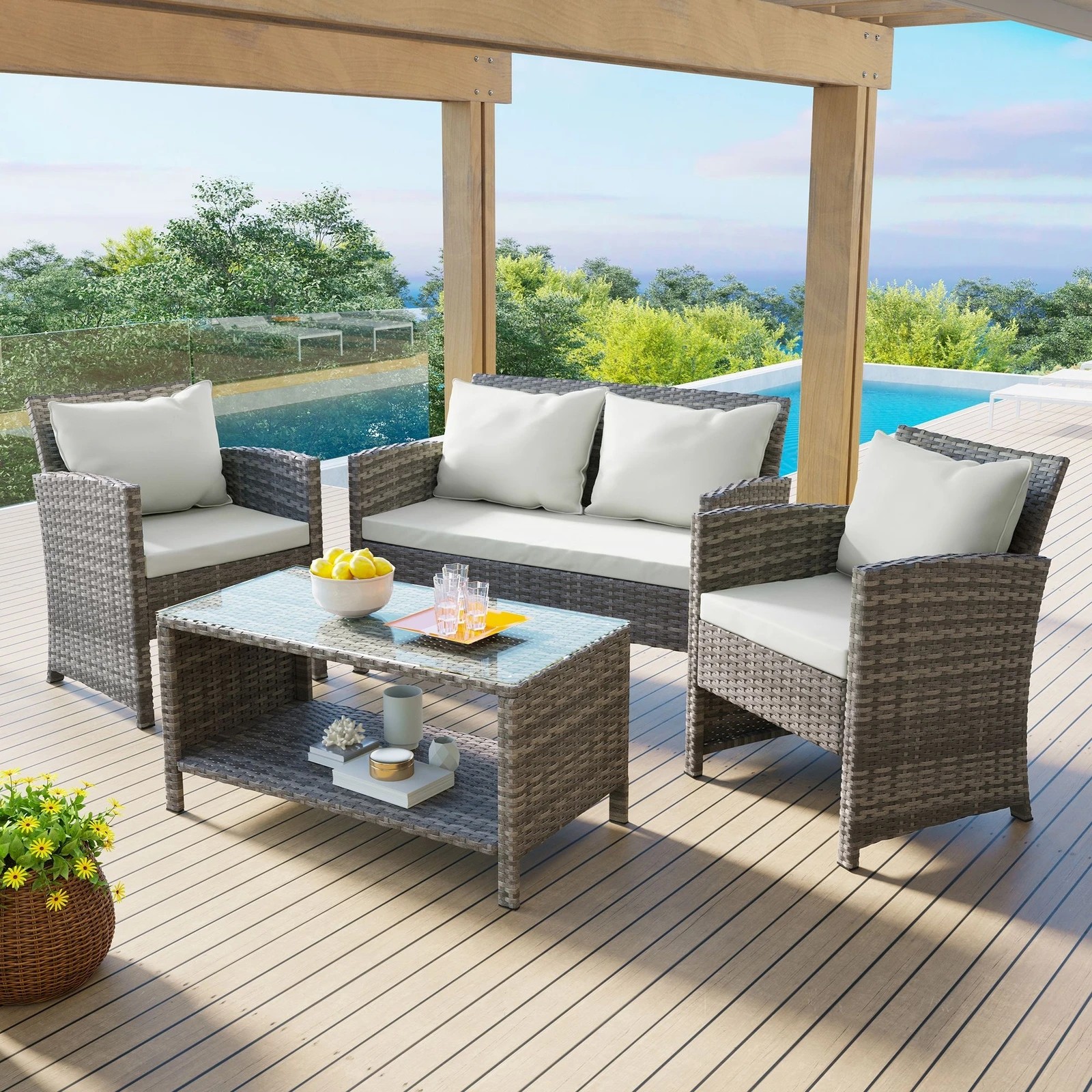 2 Alfordson Outdoor Furniture 4PCS Garden Patio Chairs Table Set Wicker With Pillow - Grey, 2 of 10
