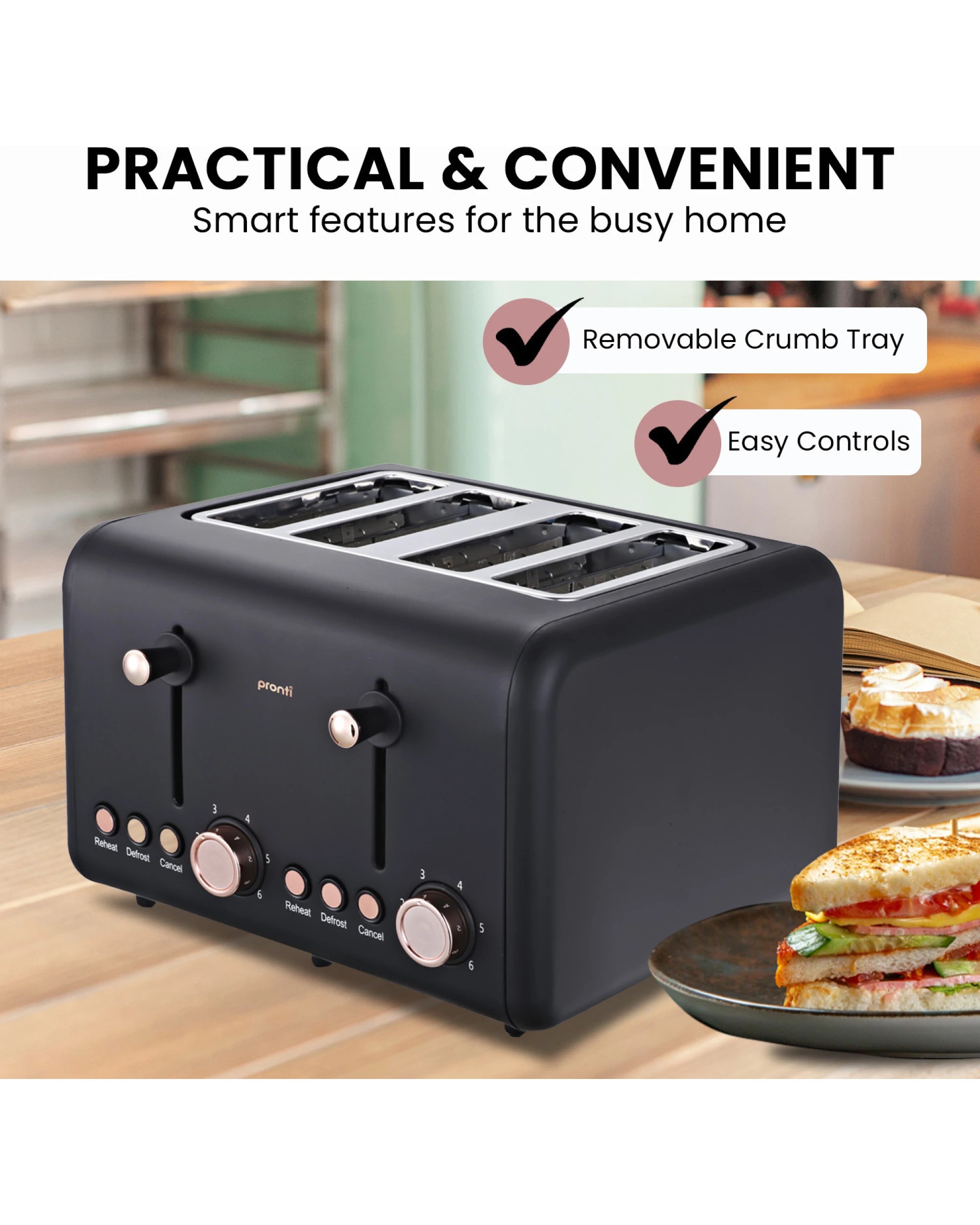 6 Pronti 4 Slice Toaster Rose Trim Collection - Black, 6 of 9